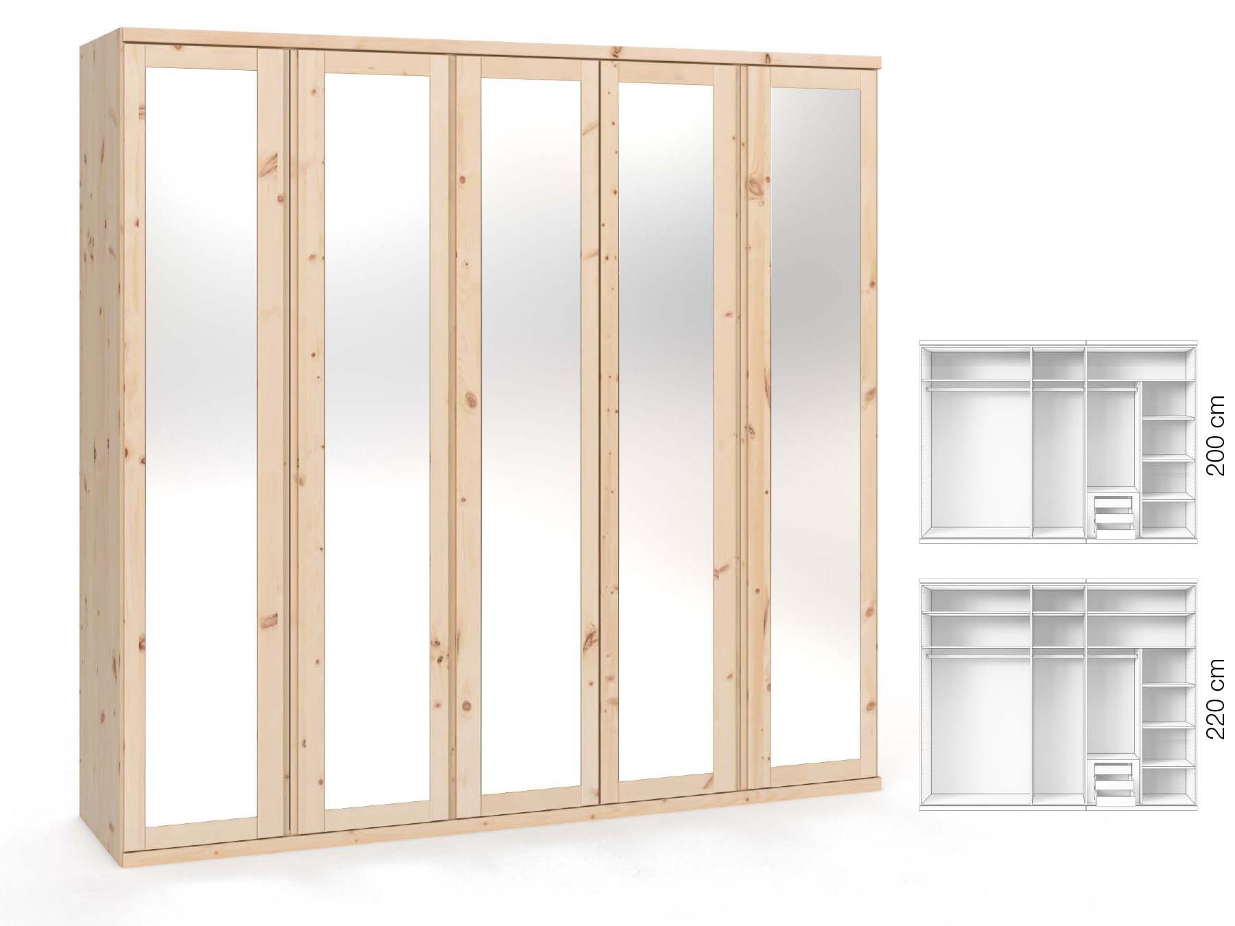 Zirbenschrank „Sandra“, 5-türig, Höhe 220 ​cm, Griffausführung „Patrizia“, Inneneinrichtung: D