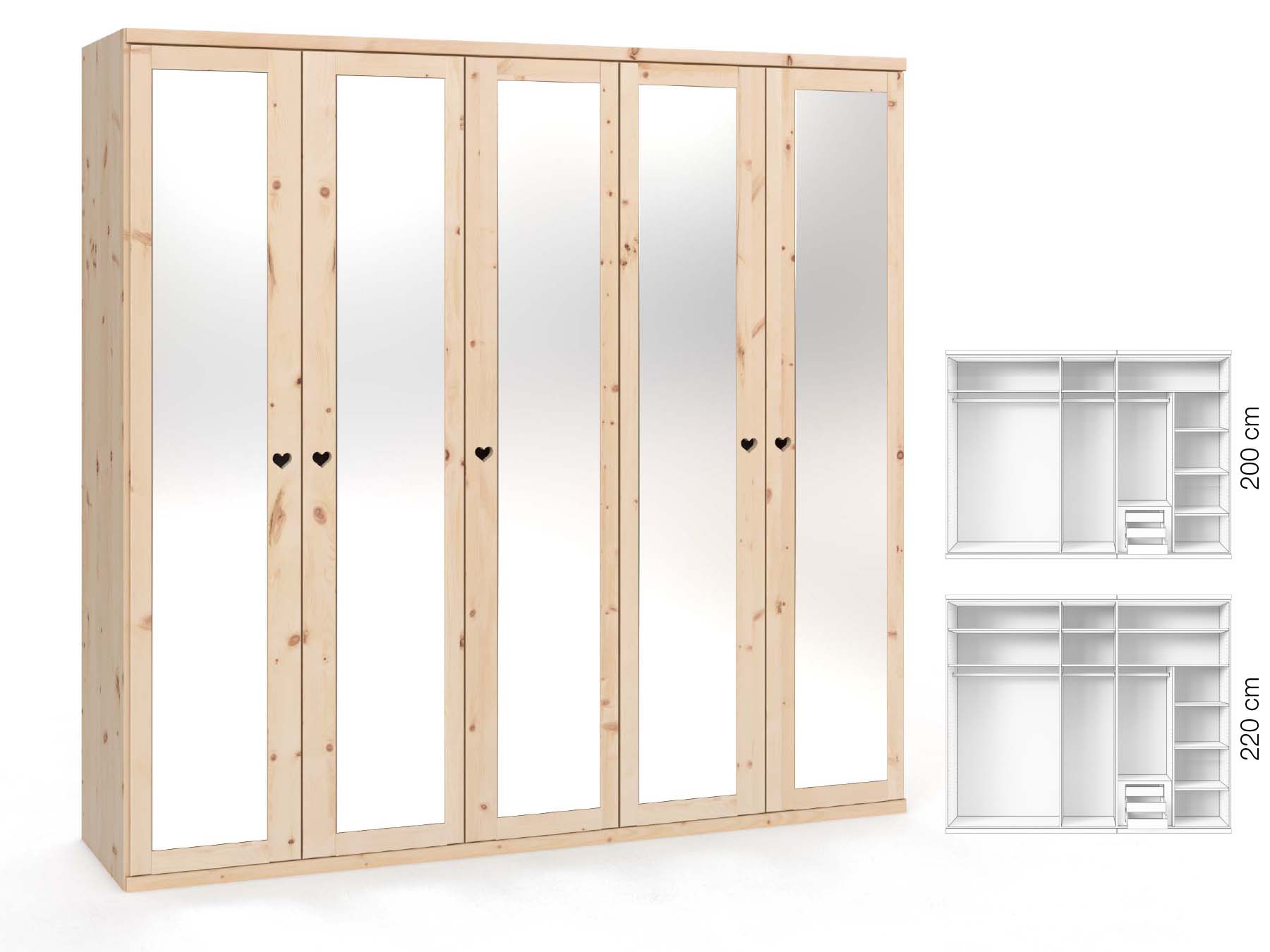 Zirbenschrank „Sandra“, 5-türig, Höhe 220 ​cm, Griffausführung „Heidi“, Inneneinrichtung: D