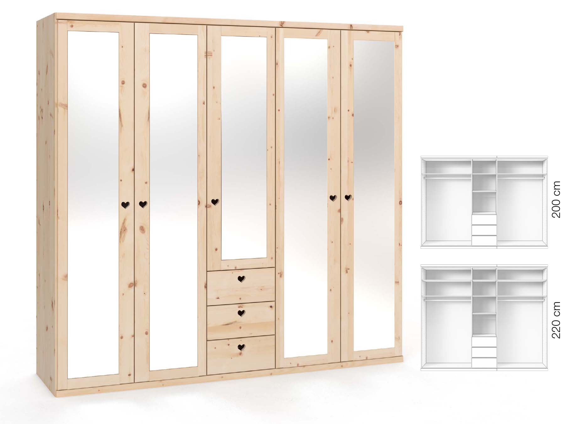 Zirbenschrank „Sandra“, 5-türig, Höhe 220 ​cm, Griffausführung „Heidi“, Inneneinrichtung: E