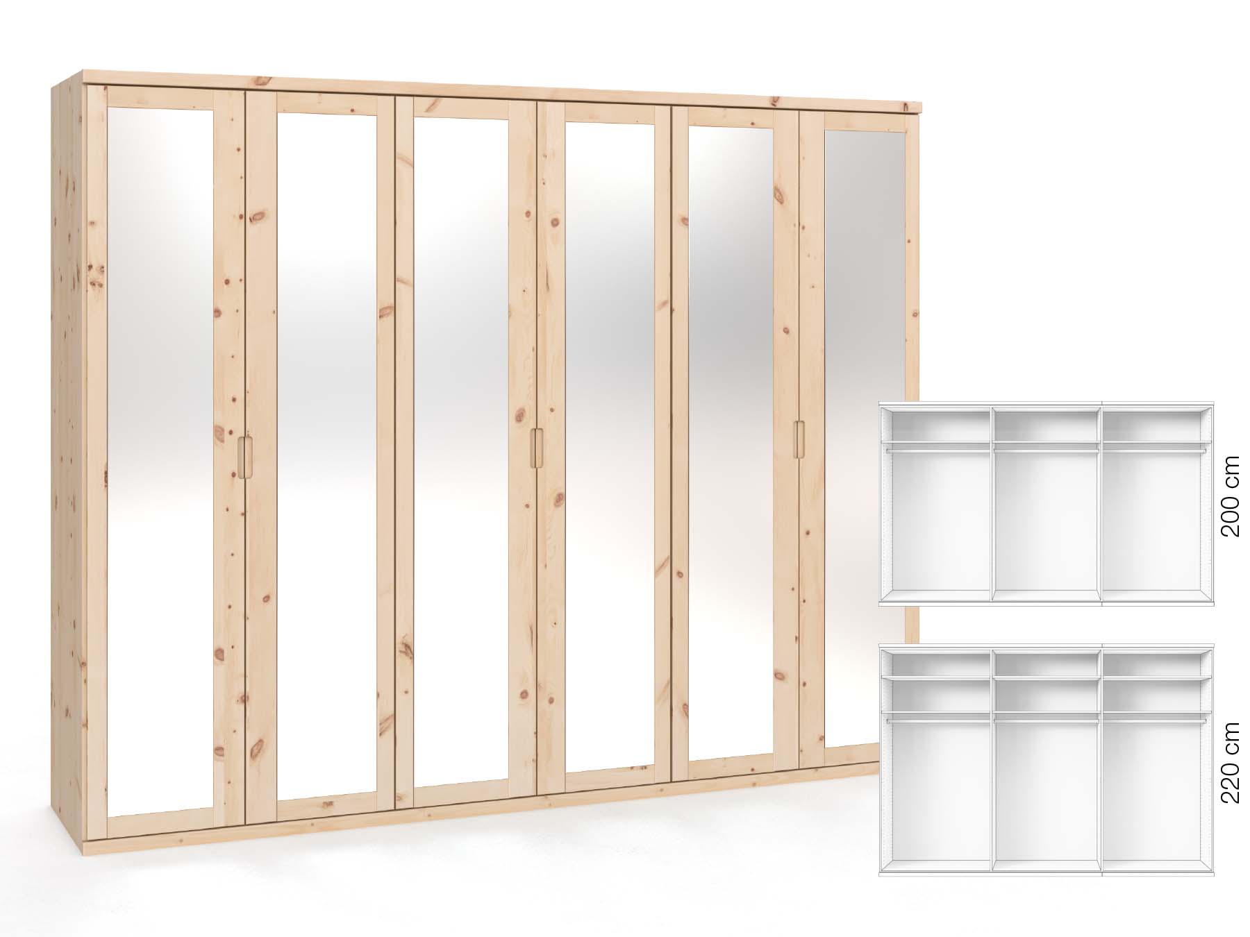 Zirbenschrank „Sandra“, 6-türig, Höhe 220 cm, Griffausführung „Lukas“, Inneneinrichtung: A