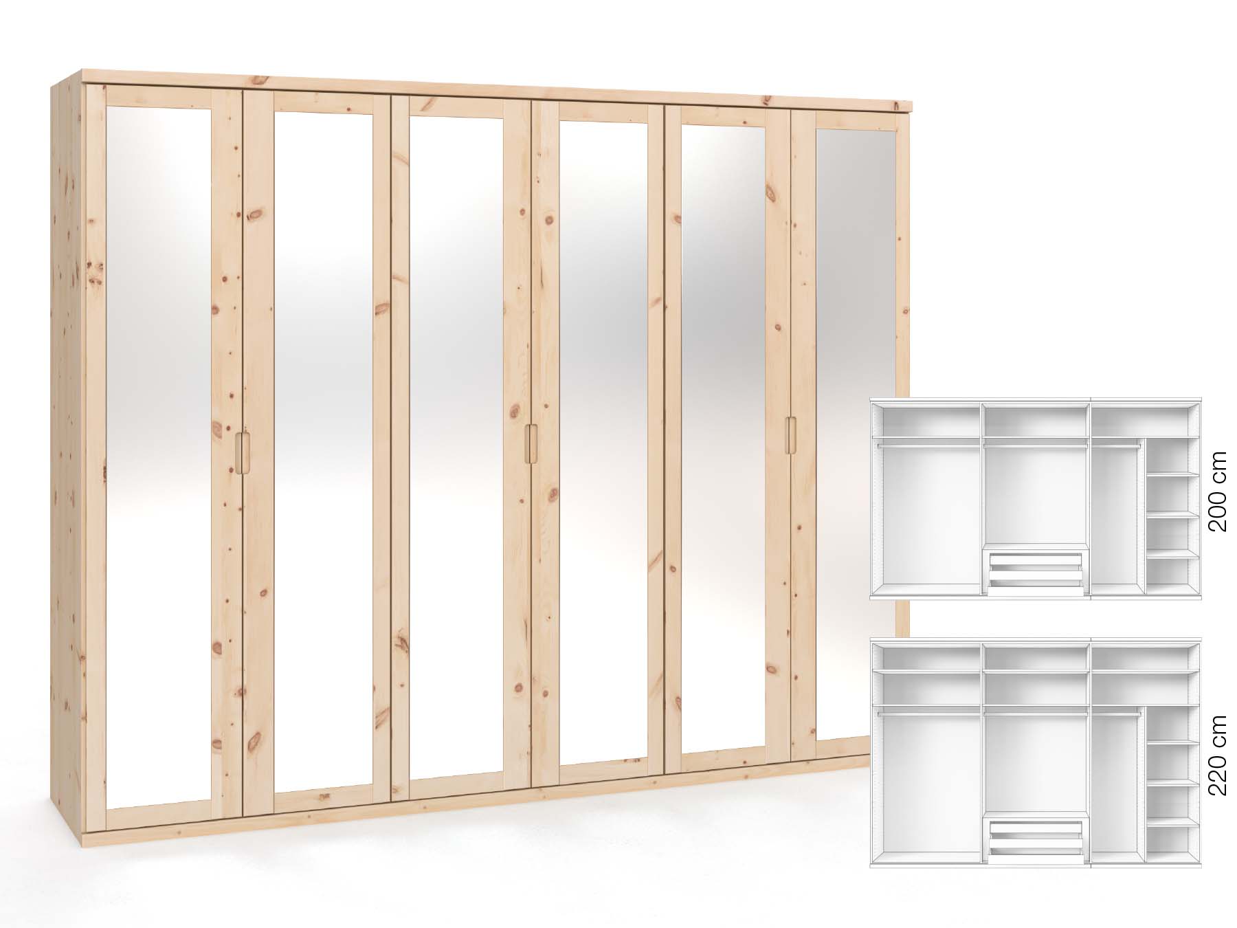 Zirbenschrank „Sandra“, 6-türig, Höhe 220 cm, Griffausführung „Lukas“, Inneneinrichtung: B