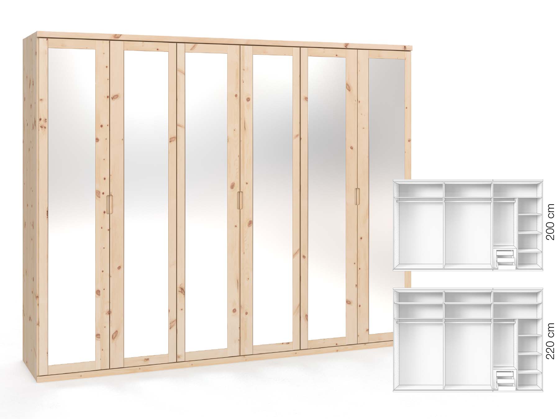 Zirbenschrank „Sandra“, 6-türig, Höhe 220 cm, Griffausführung „Lukas“, Inneneinrichtung: C