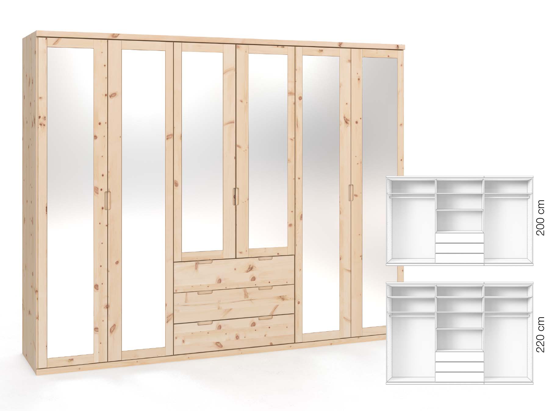 Zirbenschrank „Sandra“, 6-türig, Höhe 220 cm, Griffausführung „Lukas“, Inneneinrichtung: D