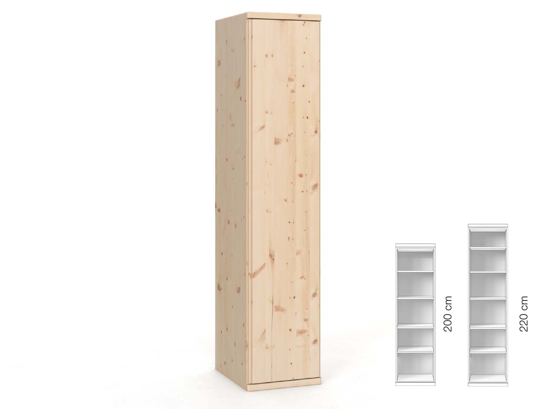 Zirbenschrank „Valentin“, 1-türig, Höhe 220 cm, Griffausführung „Patrizia“, Inneneinrichtung: B, Türanschlag rechts