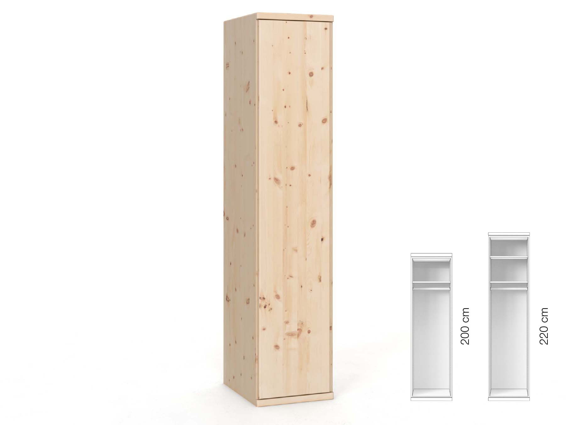 Zirbenschrank „Valentin“, 1-türig, Höhe 220 cm, Griffausführung „Patrizia“, Inneneinrichtung: A, Türanschlag links