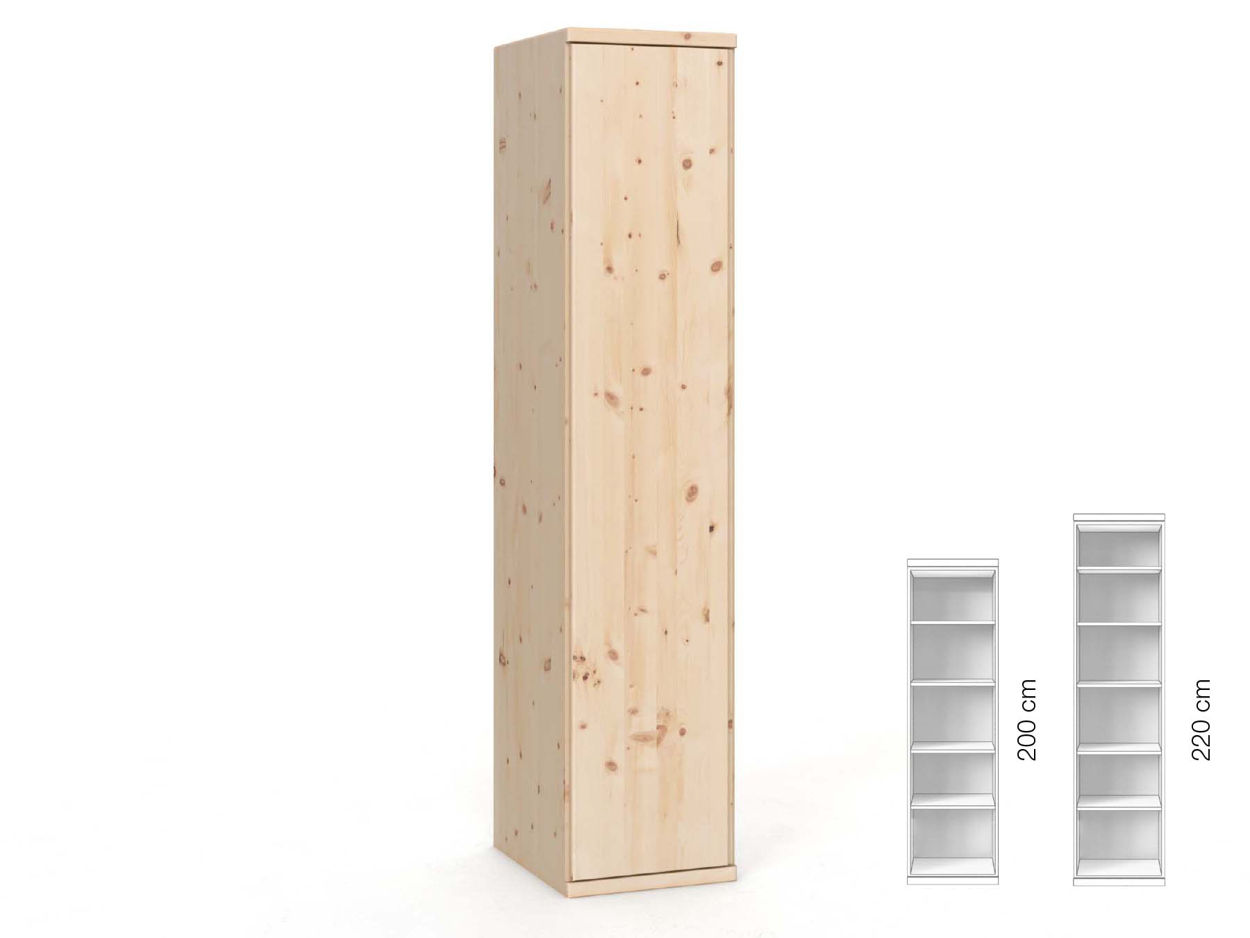 Zirbenschrank „Valentin“, 1-türig, Höhe 220 cm, Griffausführung „Patrizia“, Inneneinrichtung: B, Türanschlag links