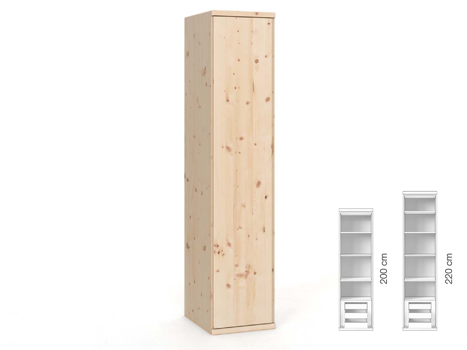 Zirbenschrank „Valentin“, 1-türig, Höhe 220 cm, Griffausführung „Patrizia“, Inneneinrichtung: C, Türanschlag links