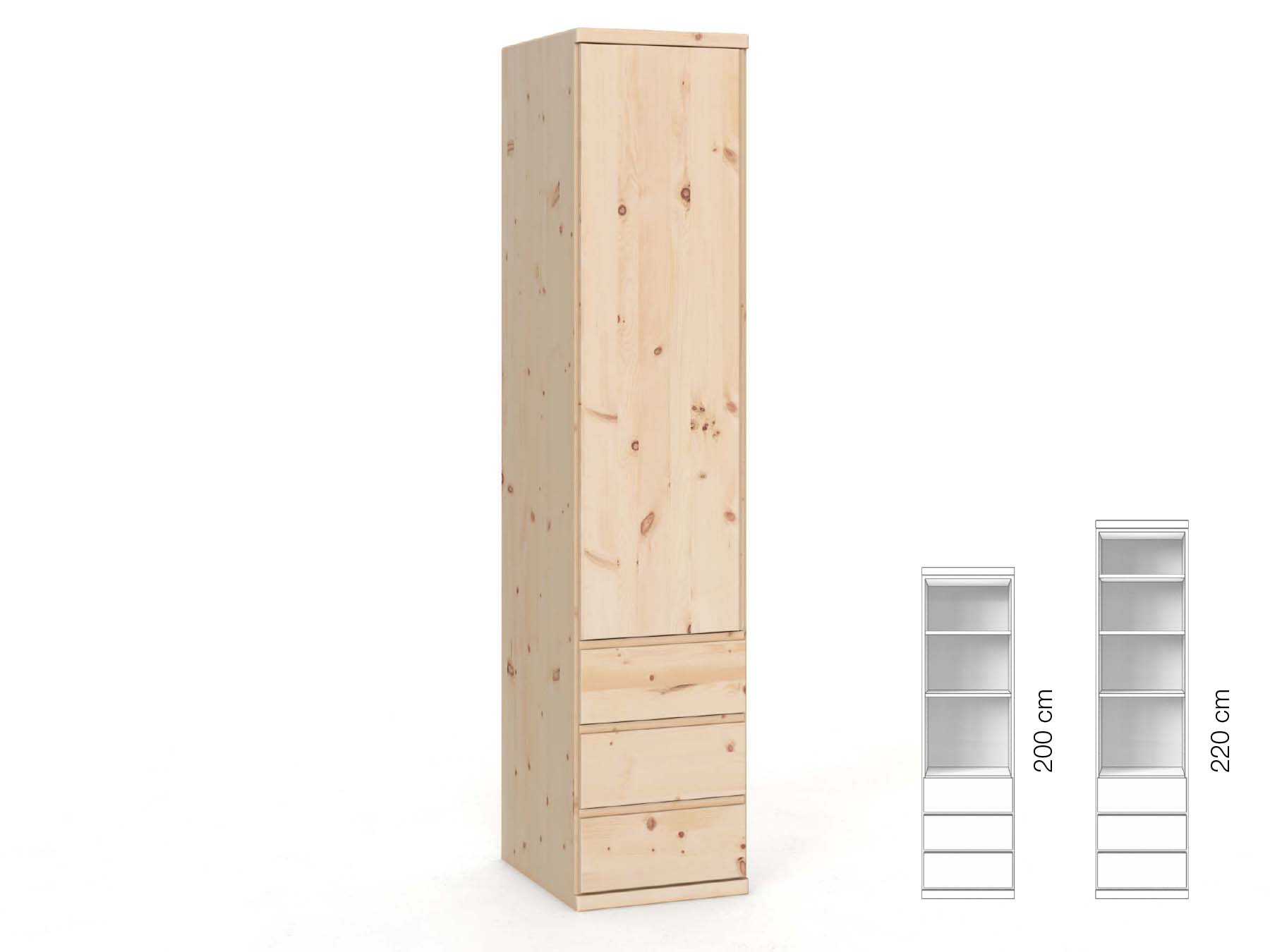 Zirbenschrank „Valentin“, 1-türig, Höhe 220 cm, Griffausführung „Patrizia“, Inneneinrichtung: D, Türanschlag links