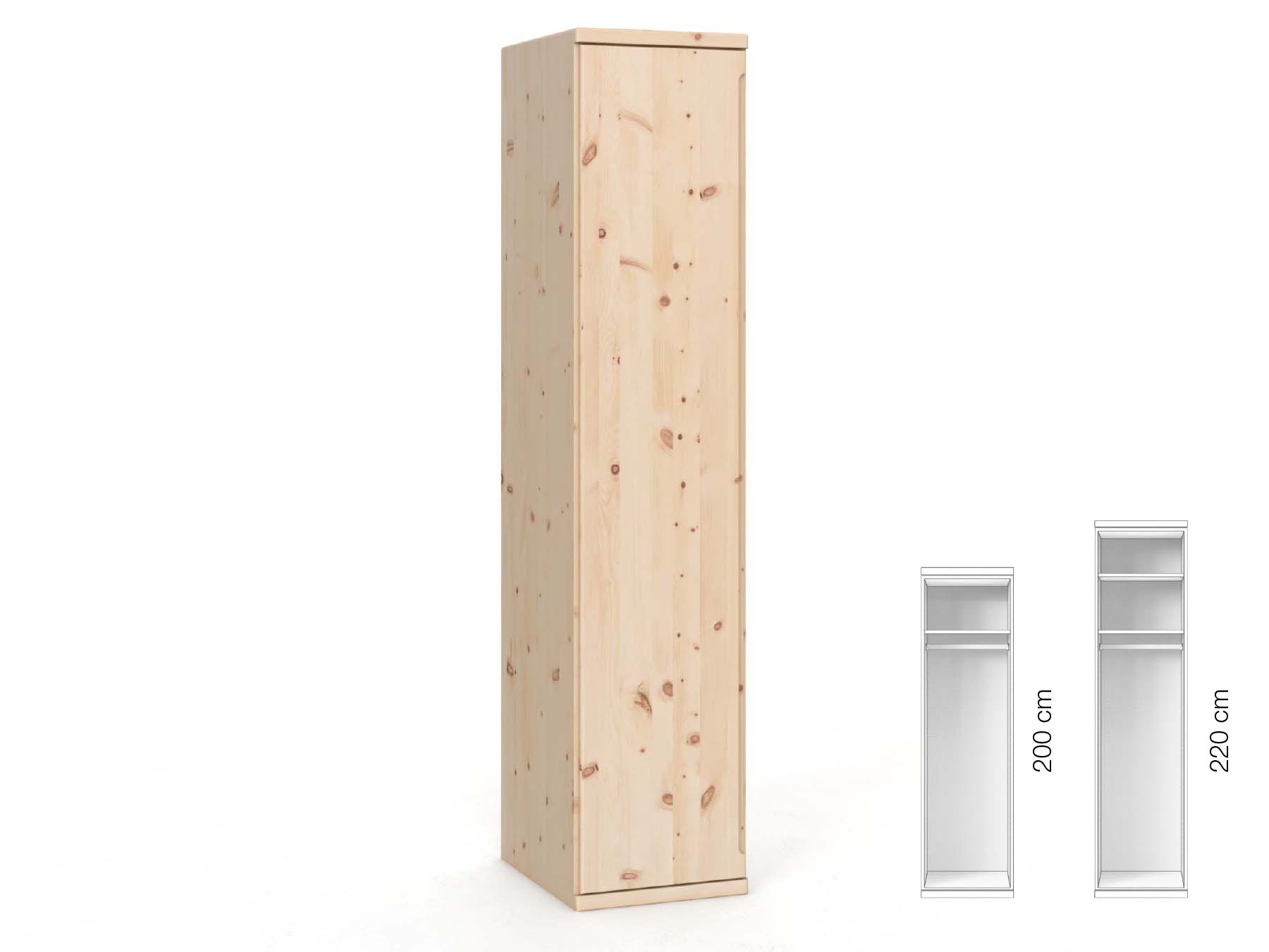 Zirbenschrank „Valentin“, 1-türig, Höhe 220 cm, Griffausführung „Lukas“, Inneneinrichtung: A, Türanschlag links