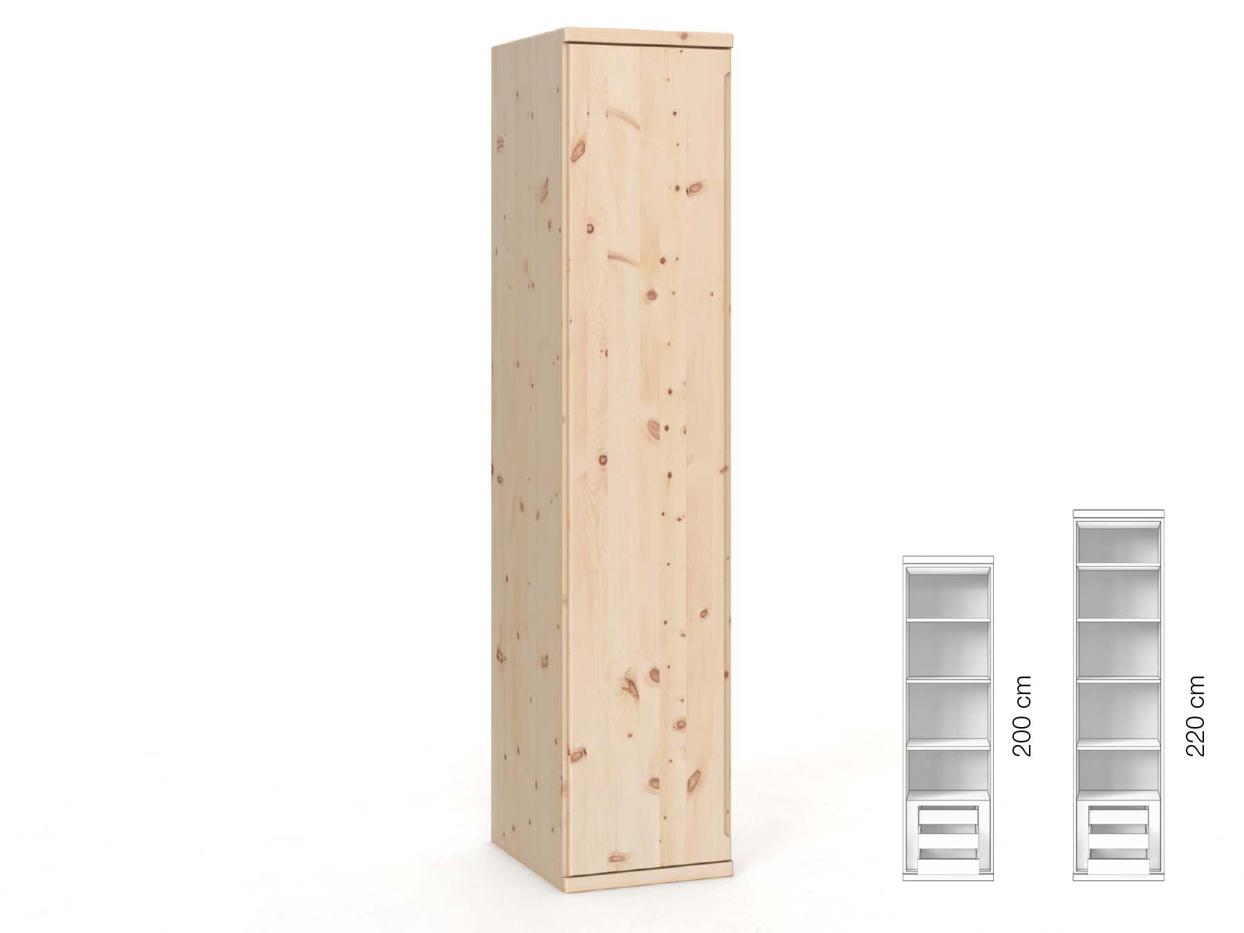 Zirbenschrank „Valentin“, 1-türig, Höhe 220 cm, Griffausführung „Lukas“, Inneneinrichtung: C, Türanschlag links