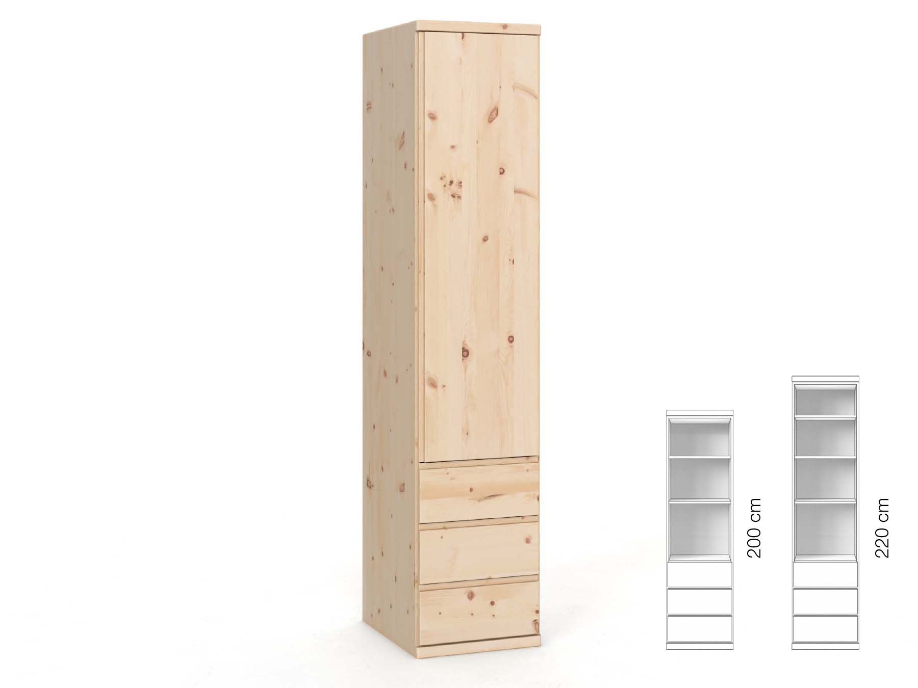 Zirbenschrank „Valentin“, 1-türig, Höhe 220 cm, Griffausführung „Patrizia“, Inneneinrichtung: D, Türanschlag rechts