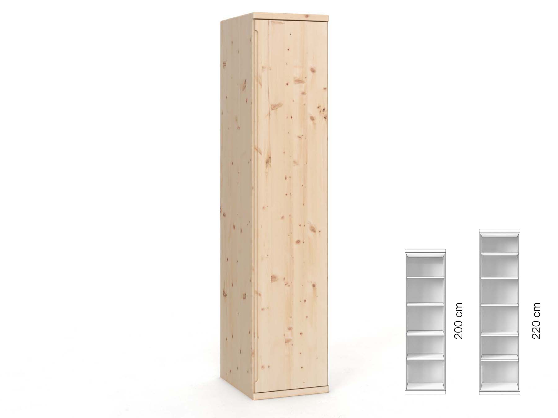 Zirbenschrank „Valentin“, 1-türig, Höhe 220 cm, Griffausführung „Lukas“, Inneneinrichtung: B, Türanschlag rechts