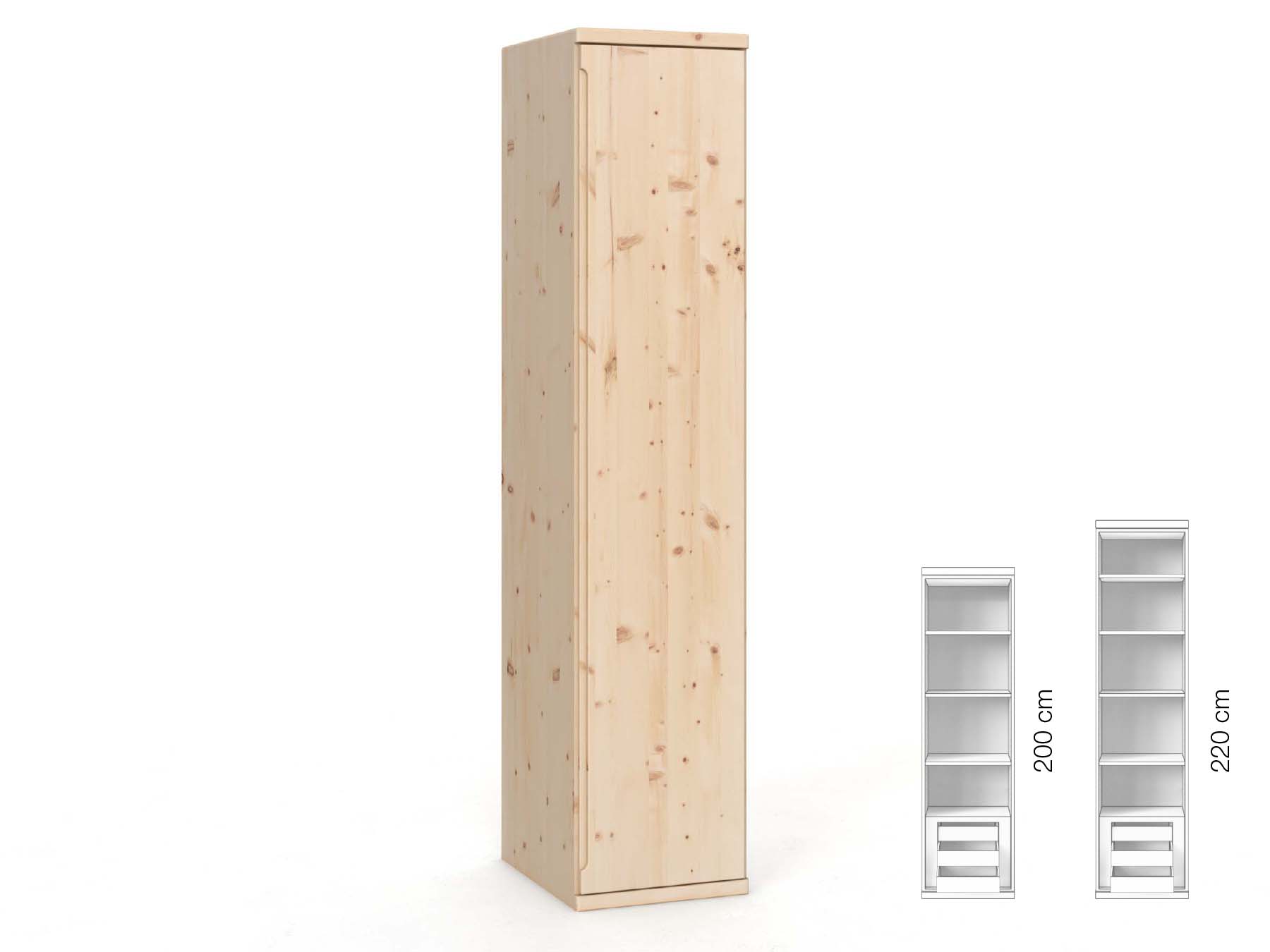 Zirbenschrank „Valentin“, 1-türig, Höhe 220 cm, Griffausführung „Lukas“, Inneneinrichtung: C, Türanschlag rechts