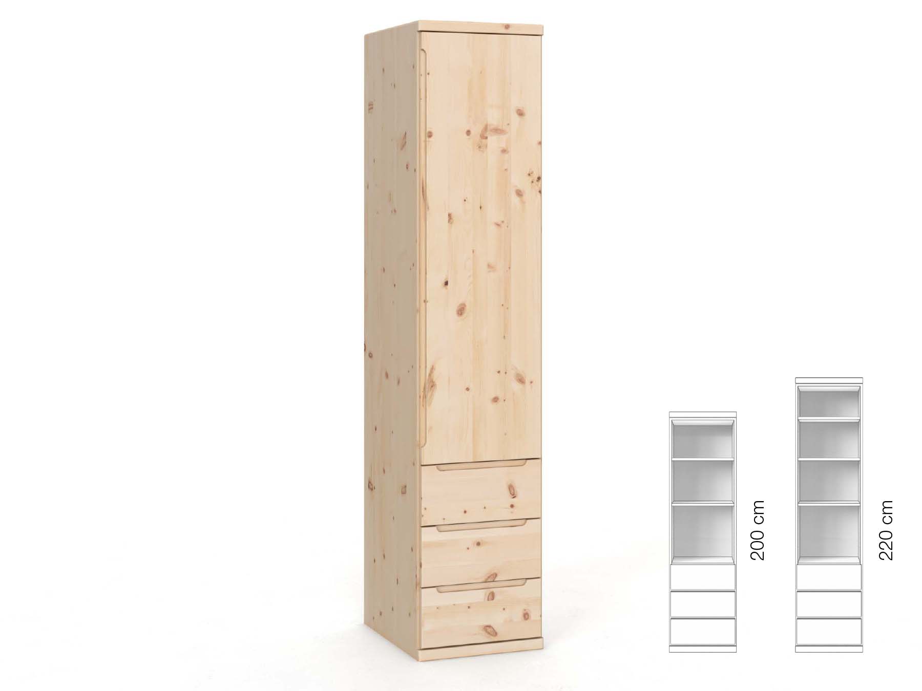 Zirbenschrank „Valentin“, 1-türig, Höhe 220 cm, Griffausführung „Lukas“, Inneneinrichtung: D, Türanschlag rechts