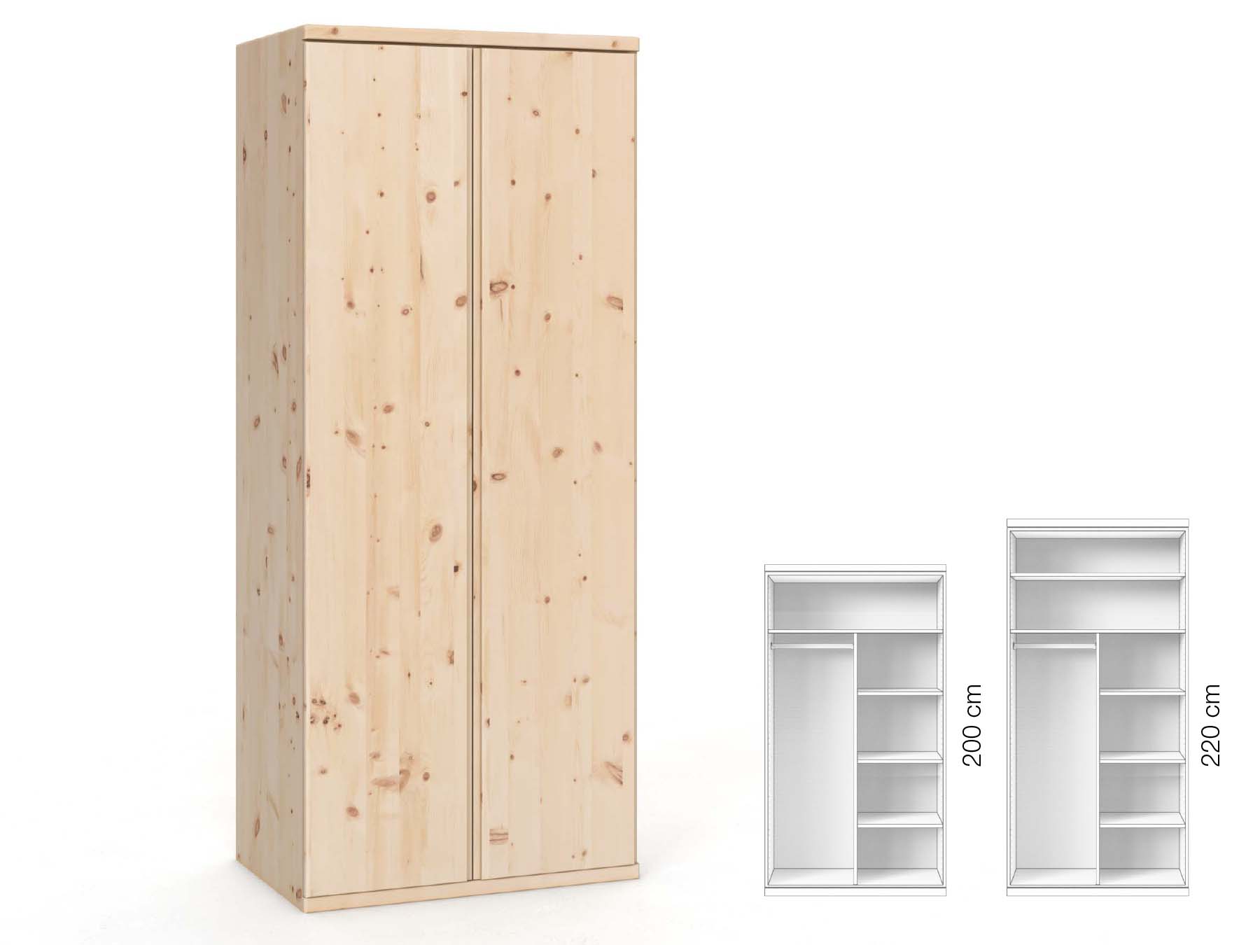 Zirbenschrank „Valentin“, 2-türig, Höhe 220 cm, Griffausführung „Patrizia“, Inneneinrichtung: B