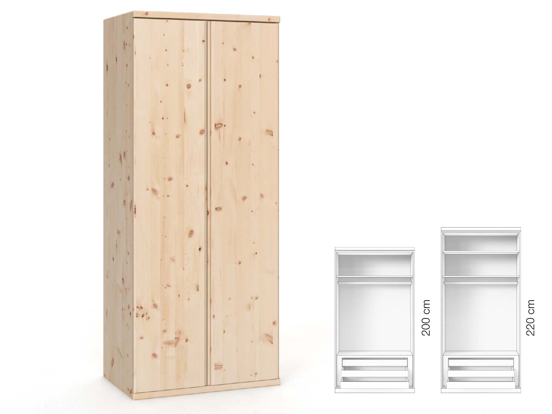 Zirbenschrank „Valentin“, 2-türig, Höhe 220 cm, Griffausführung „Patrizia“, Inneneinrichtung: D