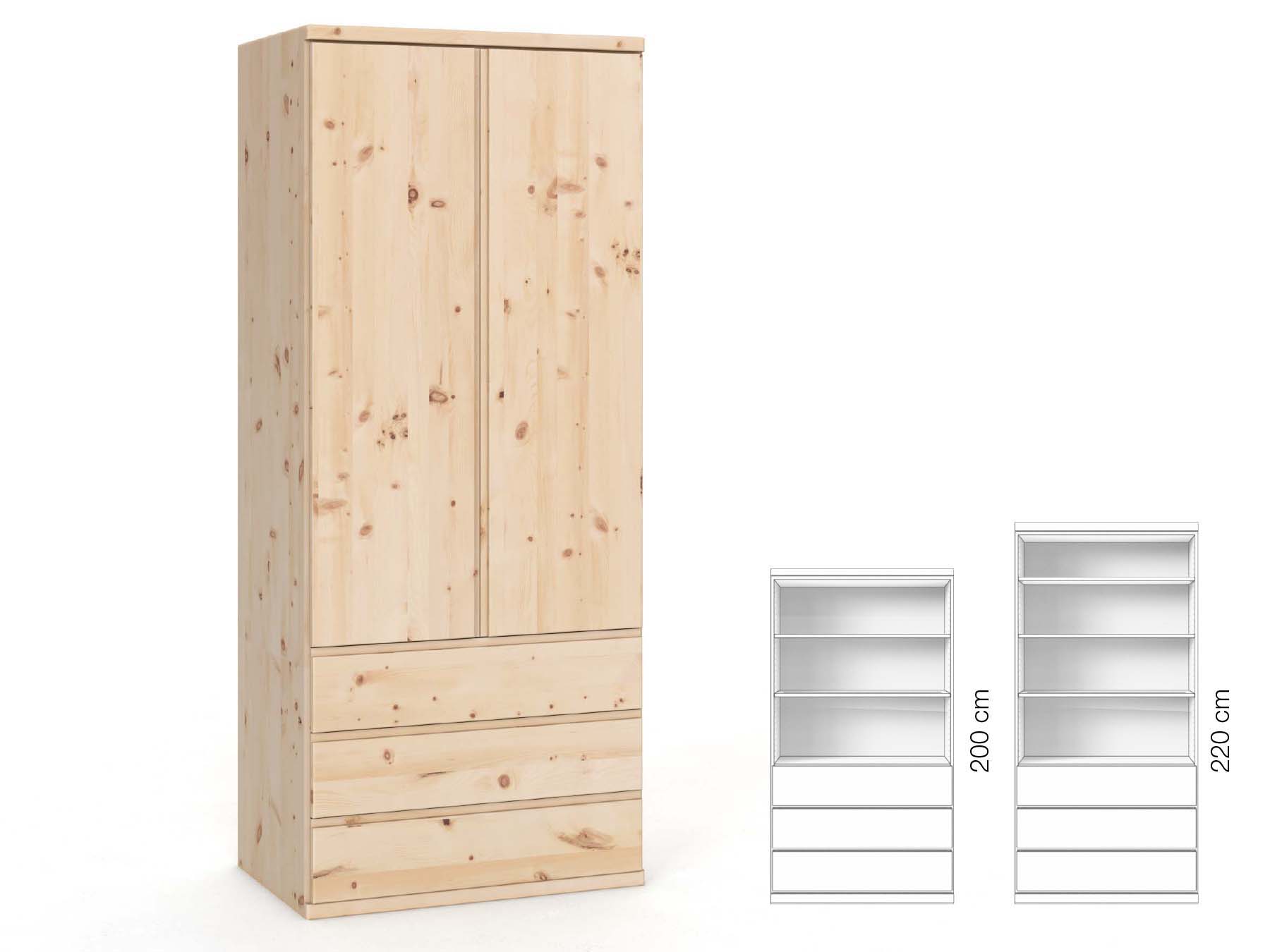 Zirbenschrank „Valentin“, 2-türig, Höhe 220 cm, Griffausführung „Patrizia“, Inneneinrichtung: E