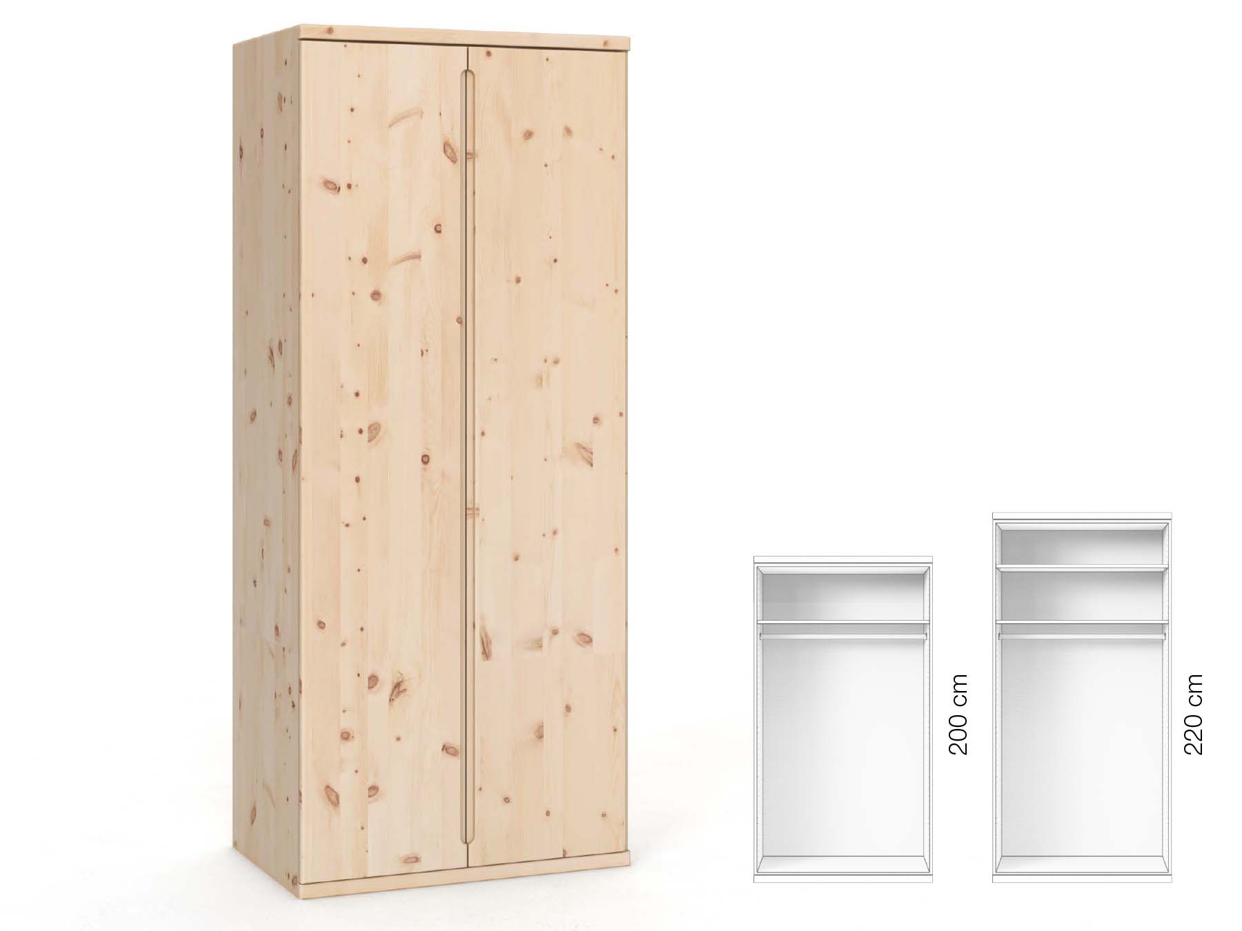 Zirbenschrank „Valentin“, 2-türig, Höhe 220 cm, Griffausführung „Lukas“, Inneneinrichtung: A 
