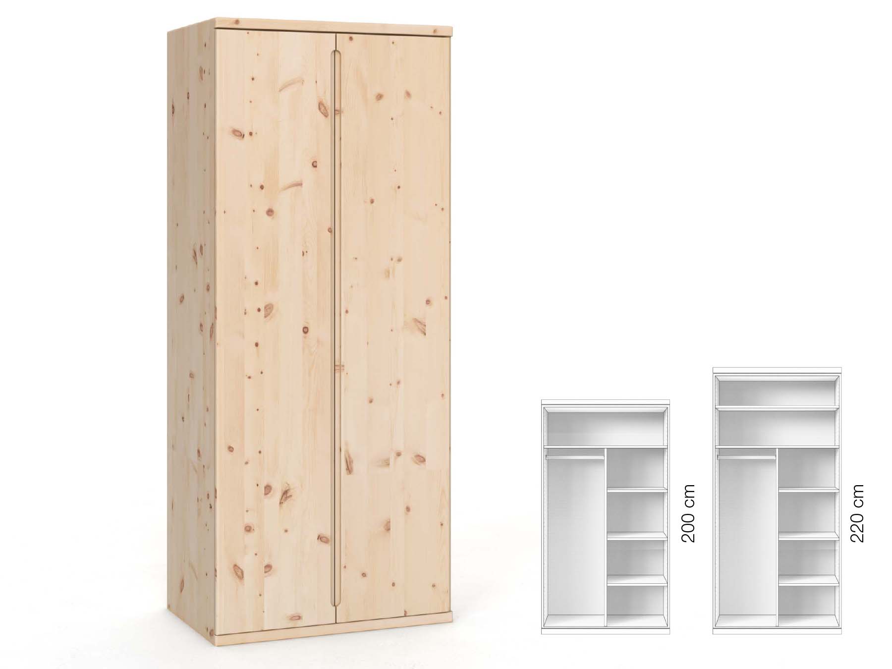 Zirbenschrank „Valentin“, 2-türig, Höhe 220 cm, Griffausführung „Lukas“, Inneneinrichtung: B