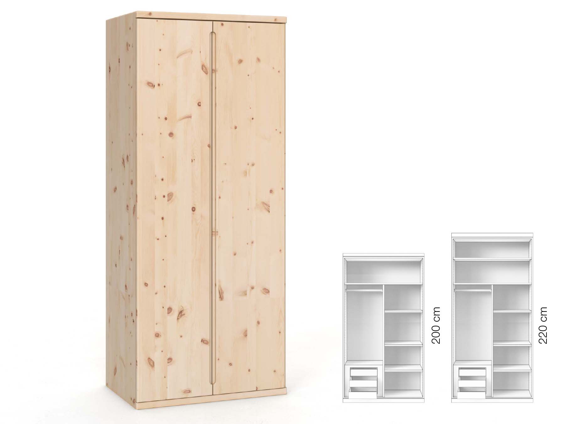 Zirbenschrank „Valentin“, 2-türig, Höhe 220 cm, Griffausführung „Lukas“, Inneneinrichtung: C