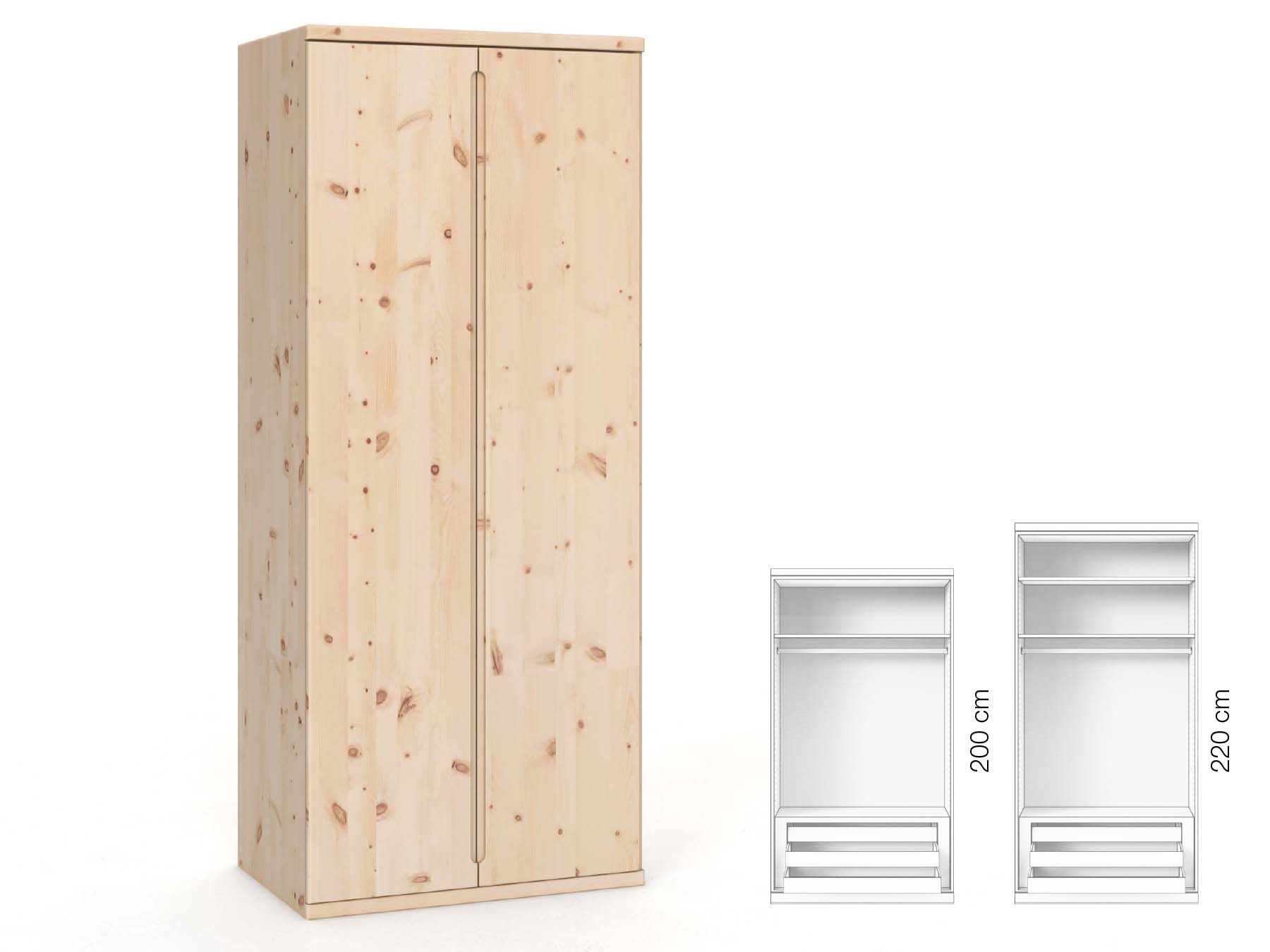 Zirbenschrank „Valentin“, 2-türig, Höhe 220 cm, Griffausführung „Lukas“, Inneneinrichtung: D