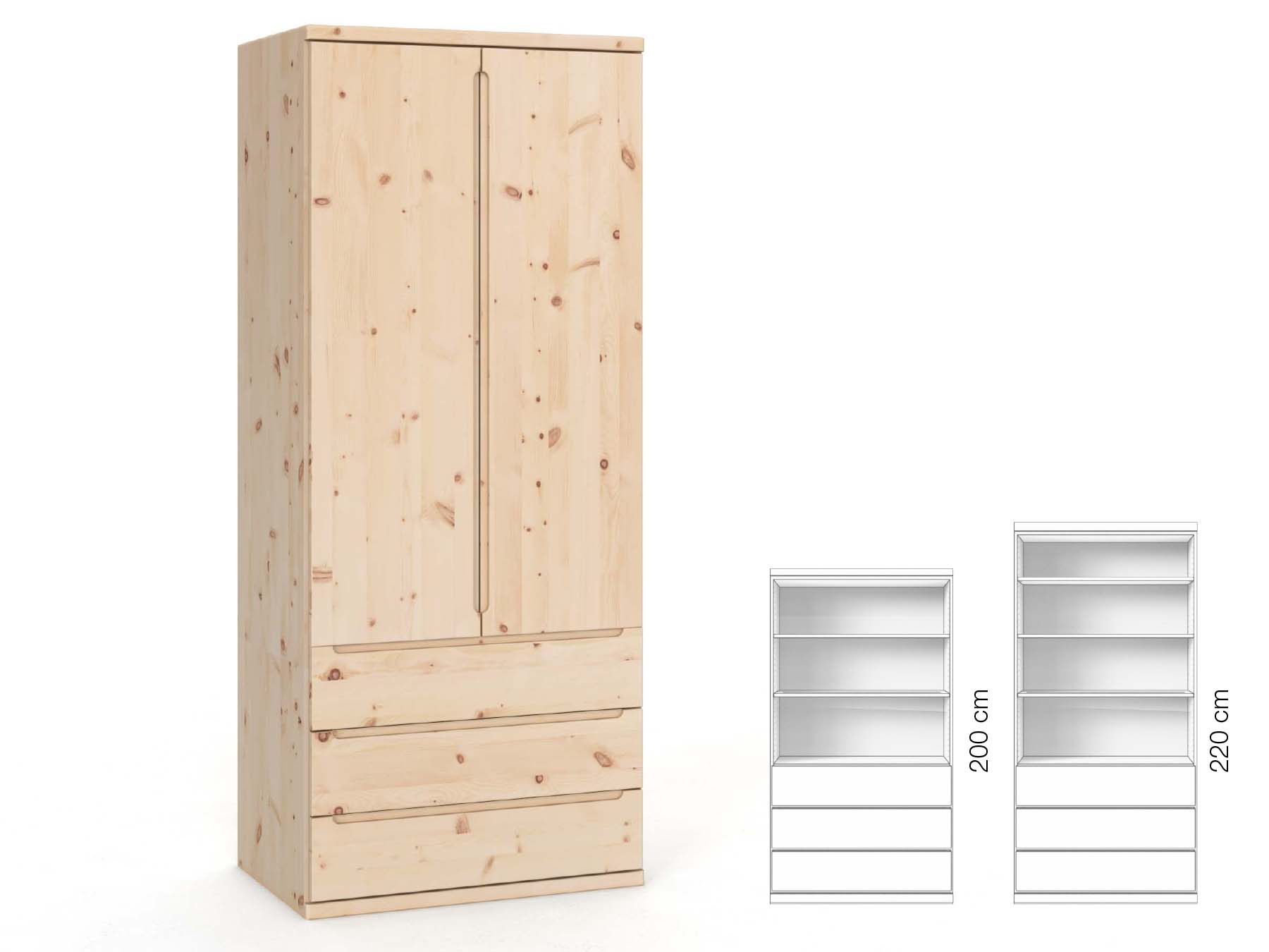 Zirbenschrank „Valentin“, 2-türig, Höhe 220 cm, Griffausführung „Lukas“, Inneneinrichtung: E