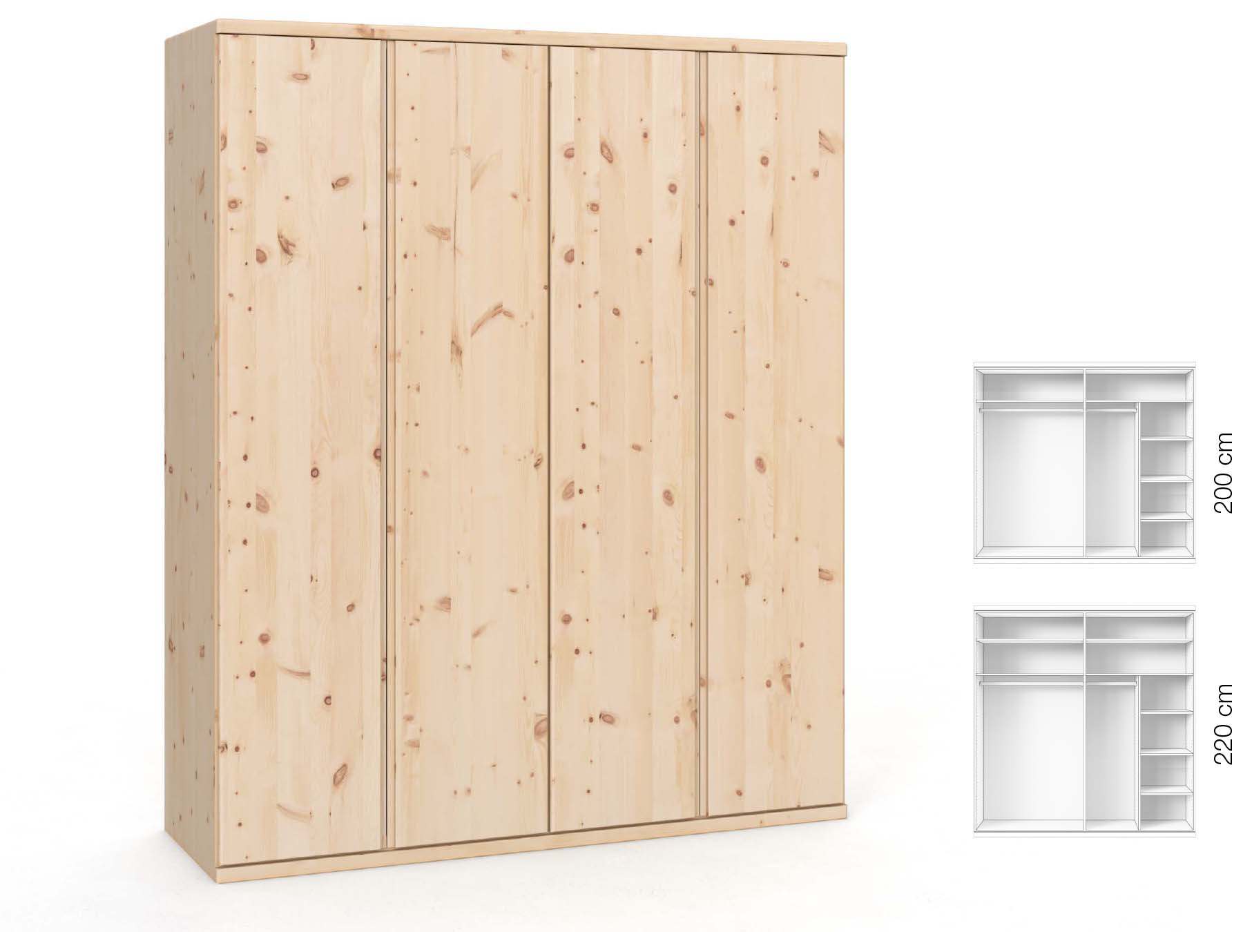 Zirbenschrank „Valentin“, 4-türig, Höhe 220 cm, Griffausführung „Patrizia“, Inneneinrichtung: B