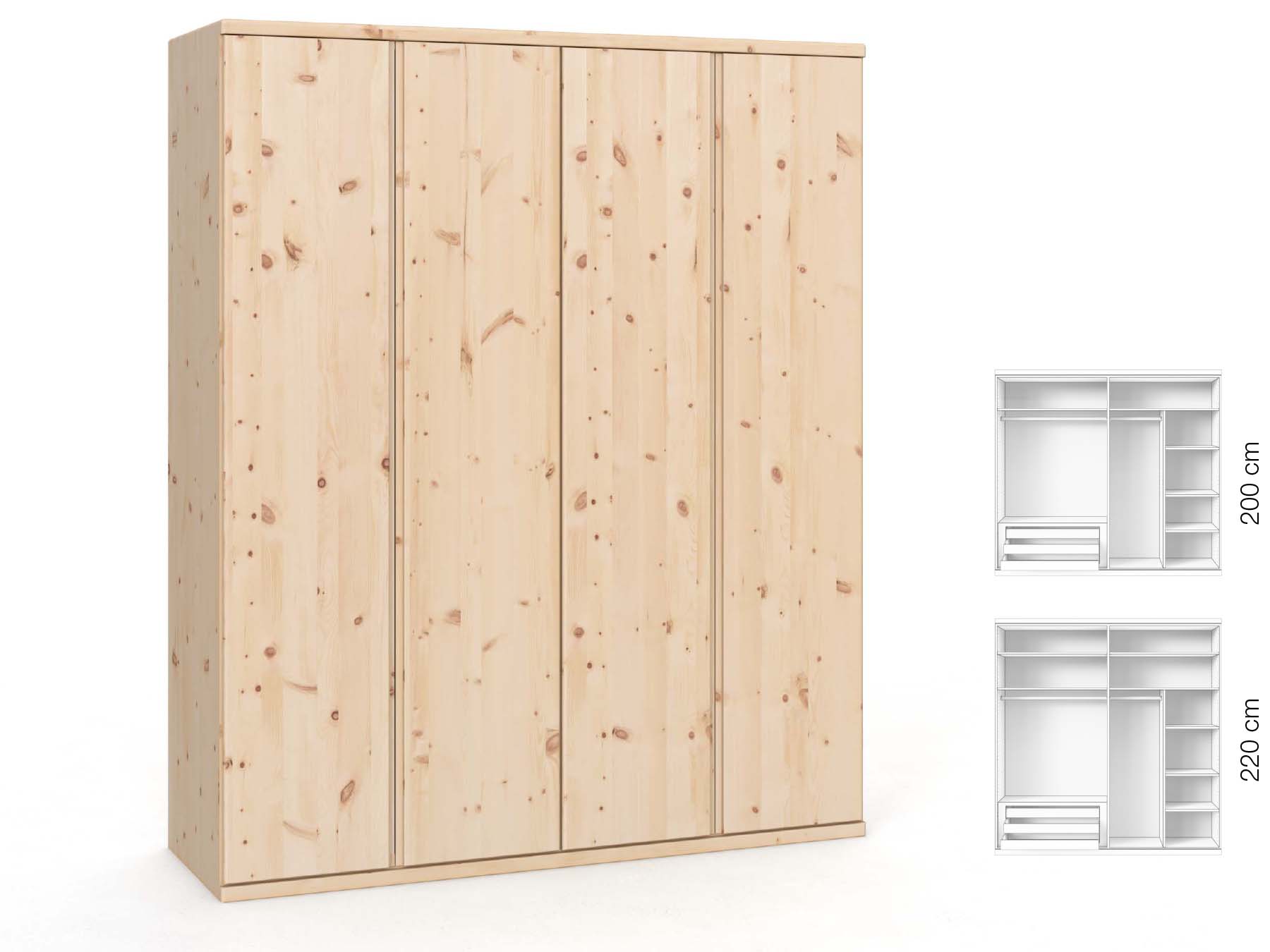 Zirbenschrank „Valentin“, 4-türig, Höhe 220 cm, Griffausführung „Patrizia“, Inneneinrichtung: C