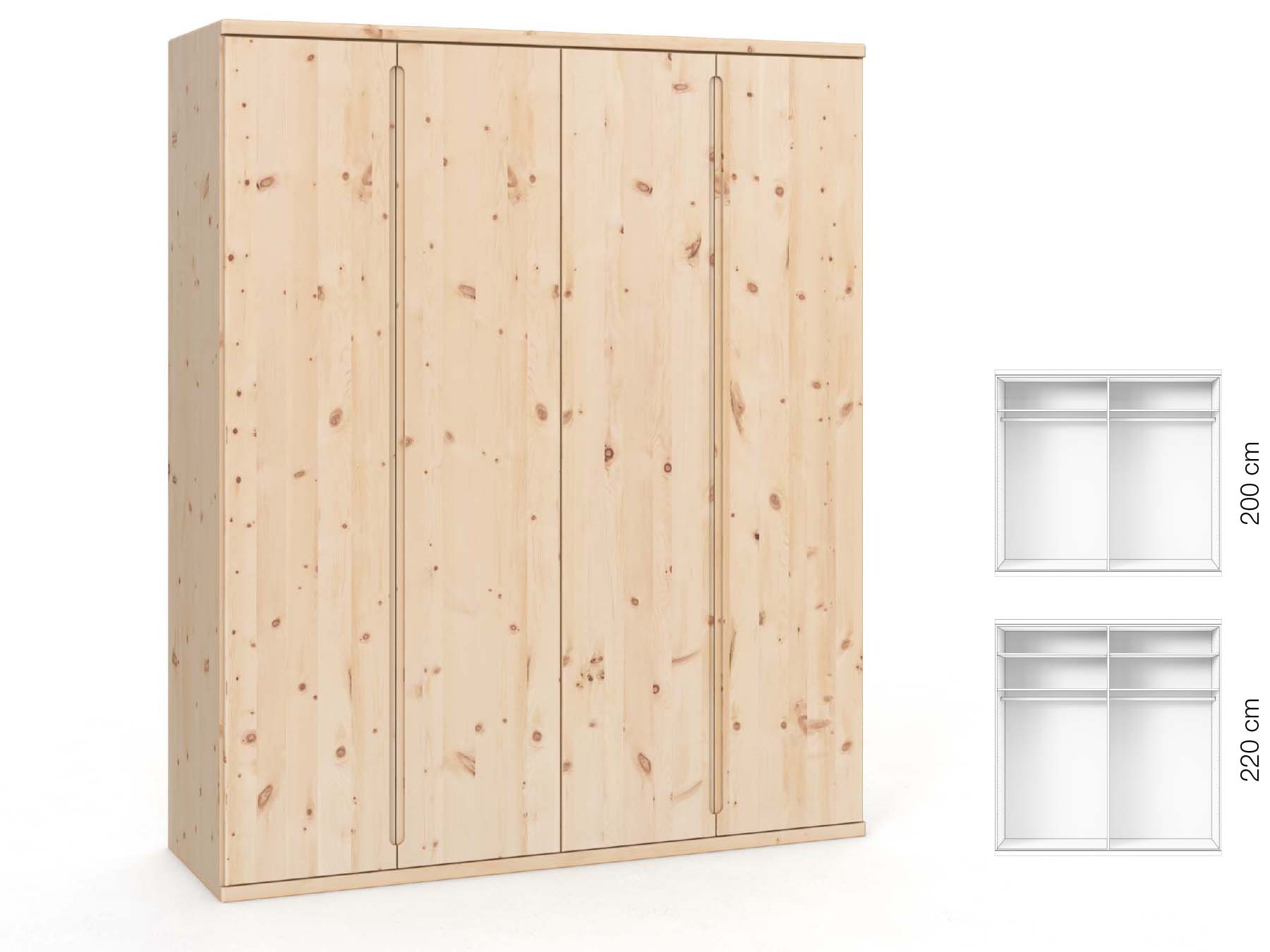 Zirbenschrank „Valentin“, 4-türig, Höhe 220 cm, Griffausführung „Lukas“, Inneneinrichtung: A 
