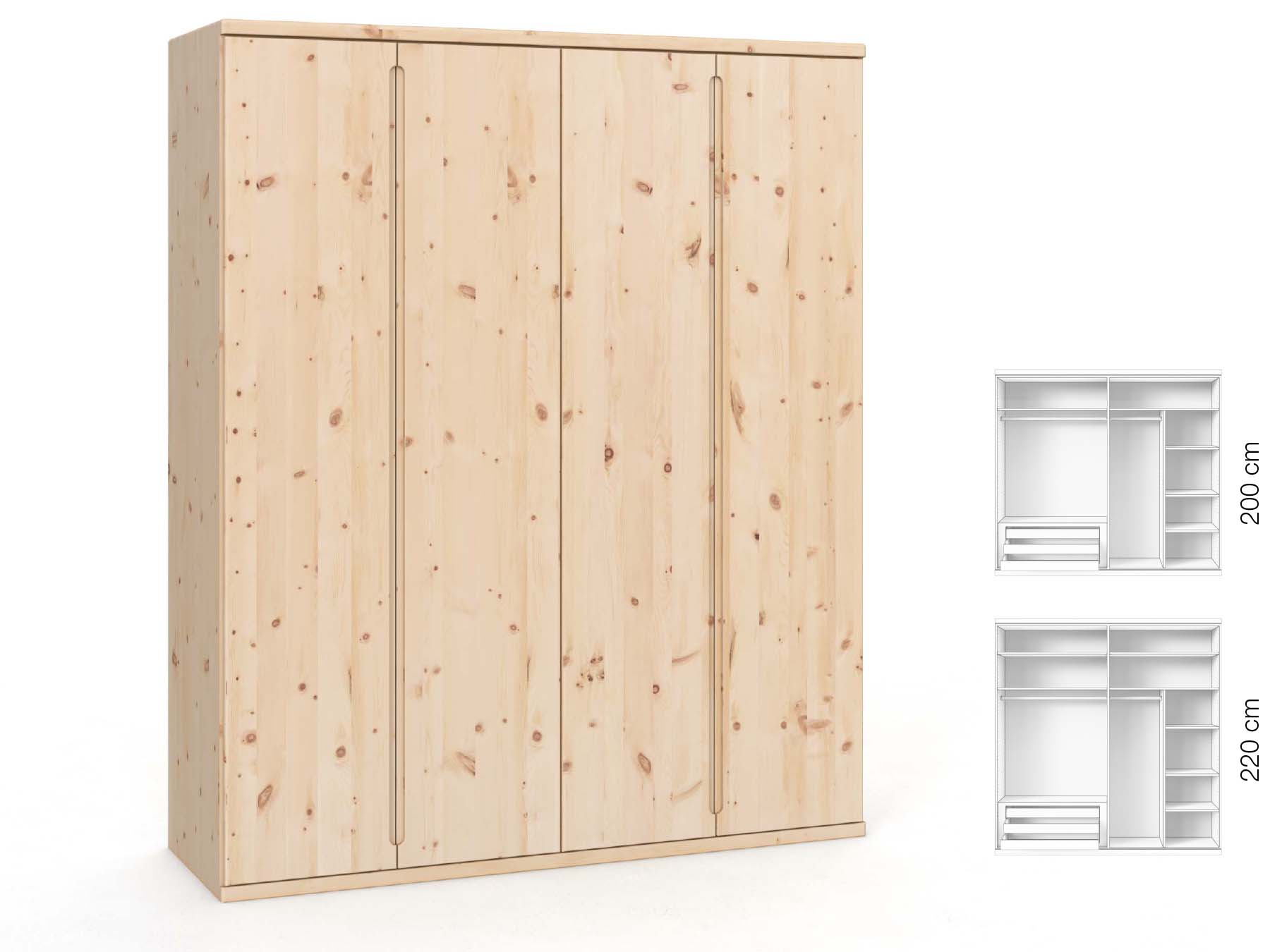 Zirbenschrank „Valentin“, 4-türig, Höhe 220 cm, Griffausführung „Lukas“, Inneneinrichtung: C