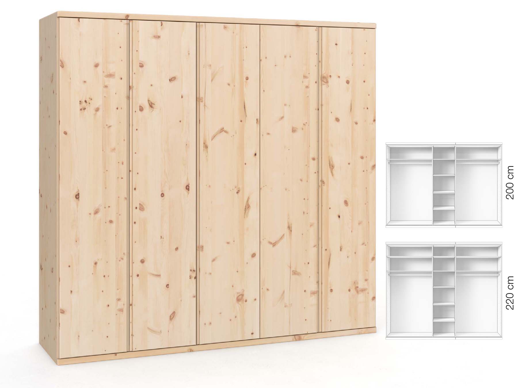 Zirbenschrank „Valentin“, 5-türig, Höhe 220 cm, Griffausführung „Patrizia“, Inneneinrichtung: B