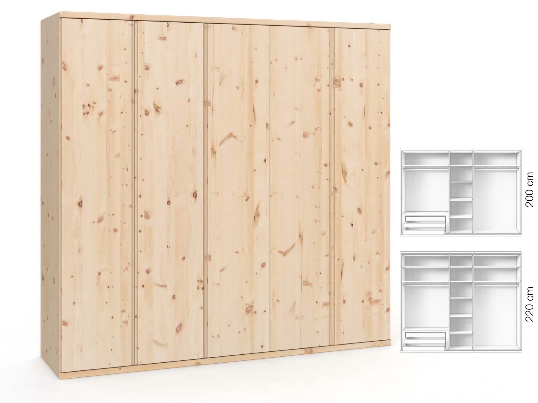 Zirbenschrank „Valentin“, 5-türig, Höhe 220 cm, Griffausführung „Patrizia“, Inneneinrichtung: C