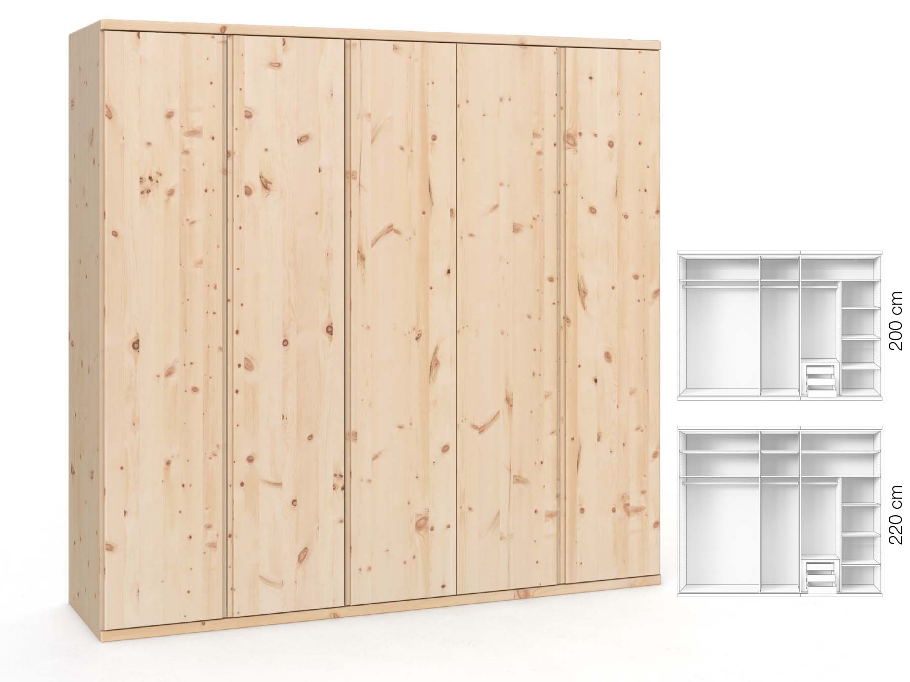 Zirbenschrank „Valentin“, 5-türig, Höhe 220 cm, Griffausführung „Patrizia“, Inneneinrichtung: D
