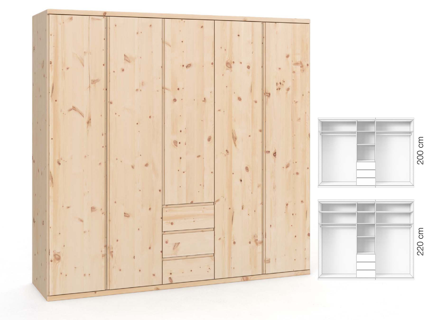 Zirbenschrank „Valentin“, 5-türig, Höhe 220 cm, Griffausführung „Patrizia“, Inneneinrichtung: E