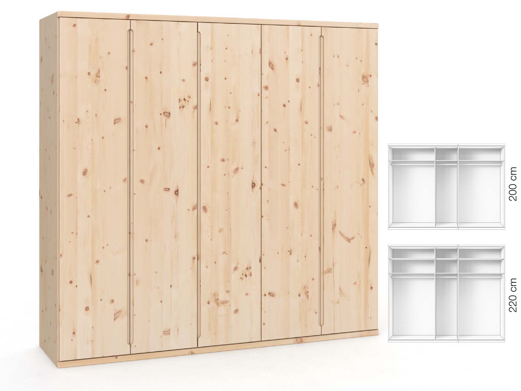 Zirbenschrank „Valentin“, 5-türig, Höhe 220 cm, Griffausführung „Lukas“, Inneneinrichtung: A 