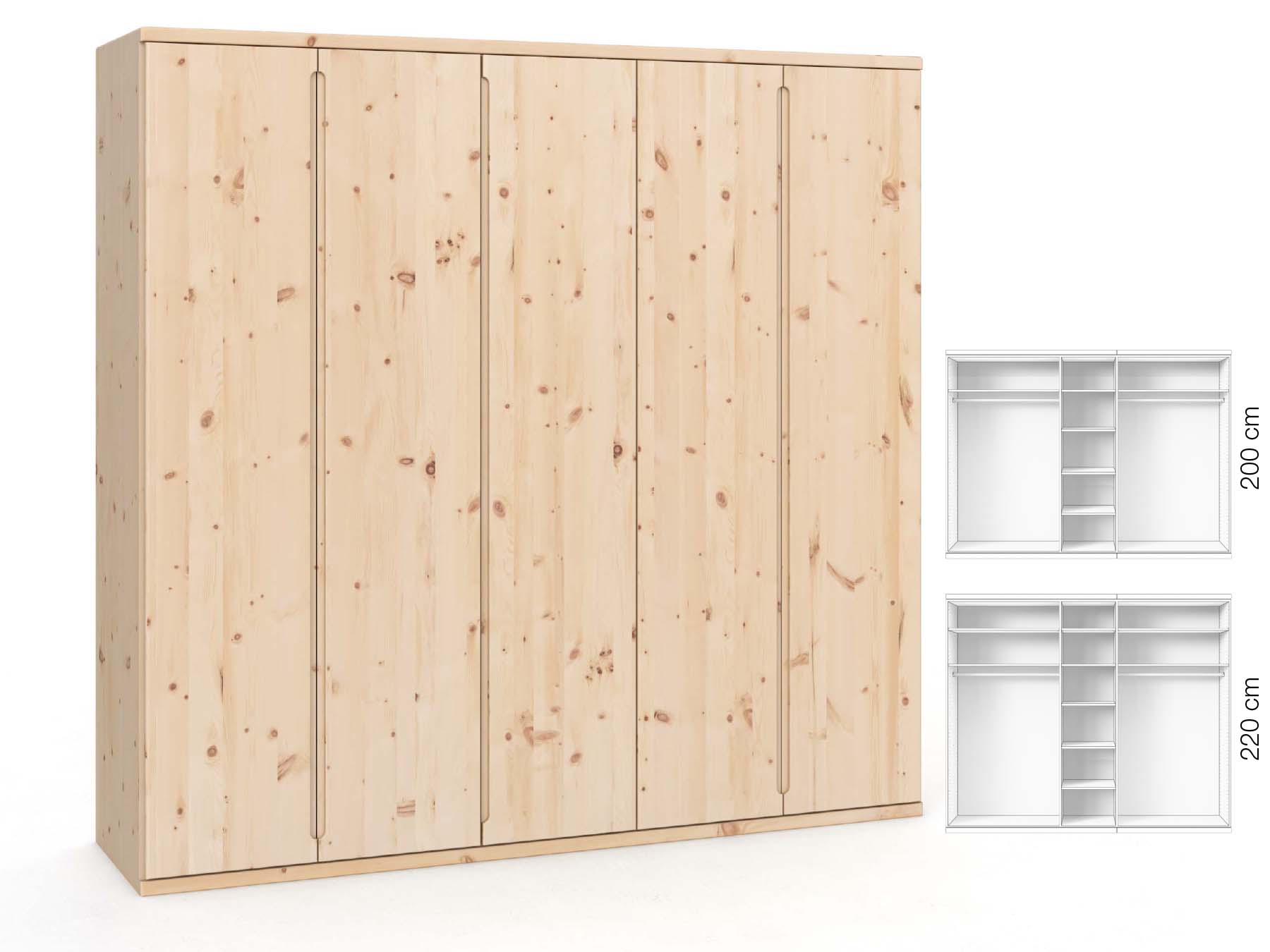 Zirbenschrank „Valentin“, 5-türig, Höhe 220 cm, Griffausführung „Lukas“, Inneneinrichtung: B