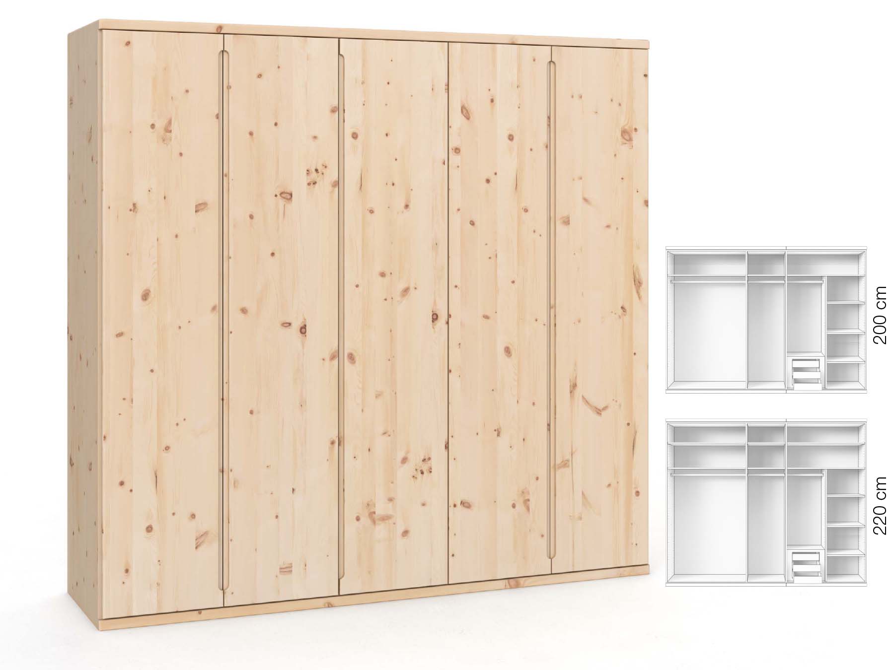 Zirbenschrank „Valentin“, 5-türig, Höhe 220 cm, Griffausführung „Lukas“, Inneneinrichtung: D