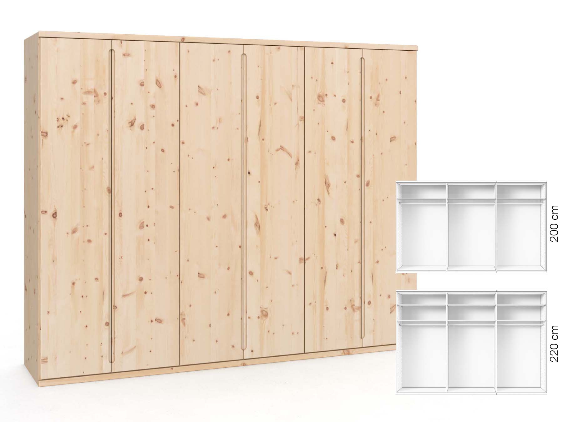 Zirbenschrank „Valentin“, 6-türig, Höhe 220 cm, Griffausführung „Lukas“, Inneneinrichtung: A 