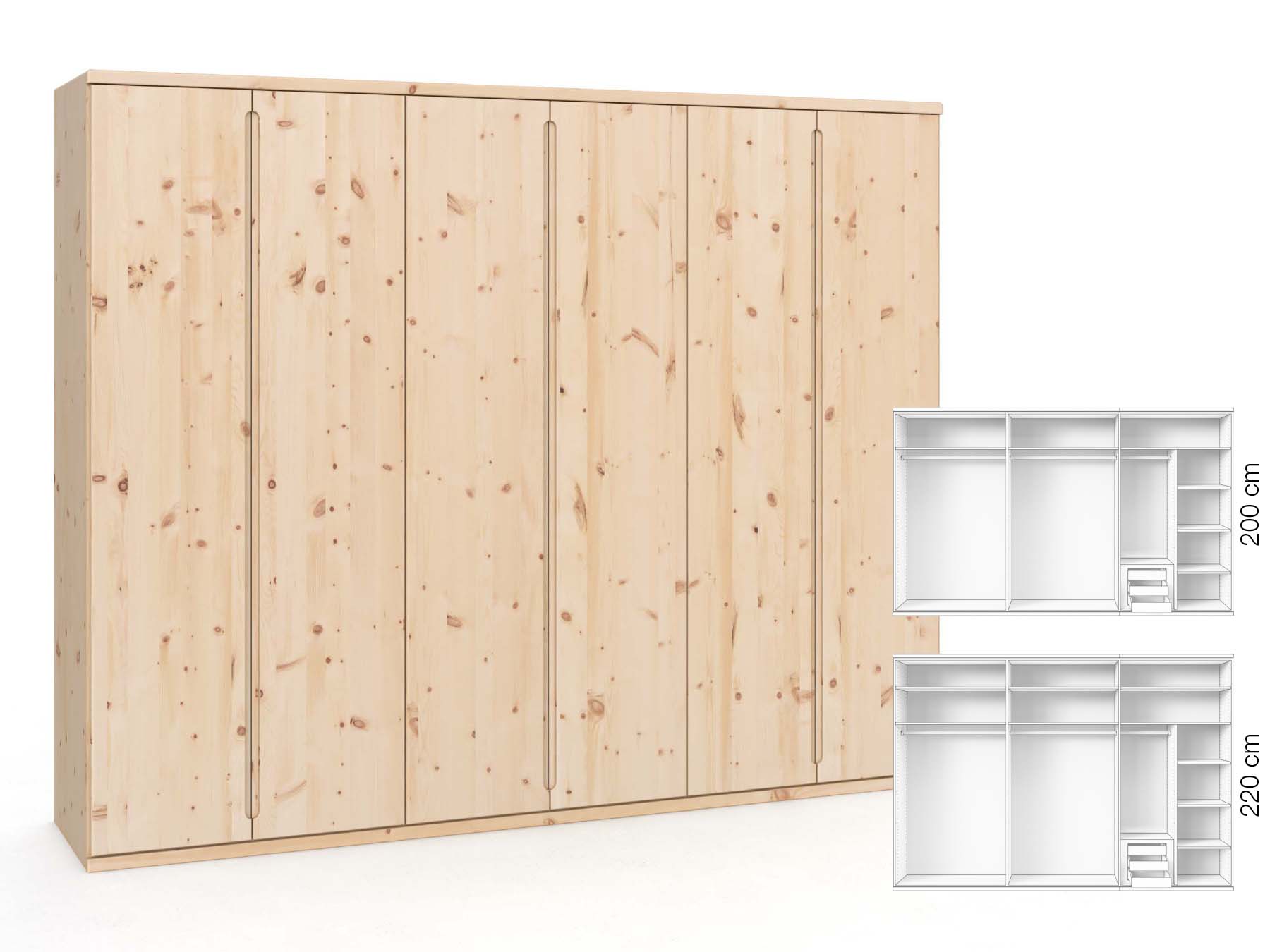 Zirbenschrank „Valentin“, 6-türig, Höhe 220 cm, Griffausführung „Lukas“, Inneneinrichtung: C