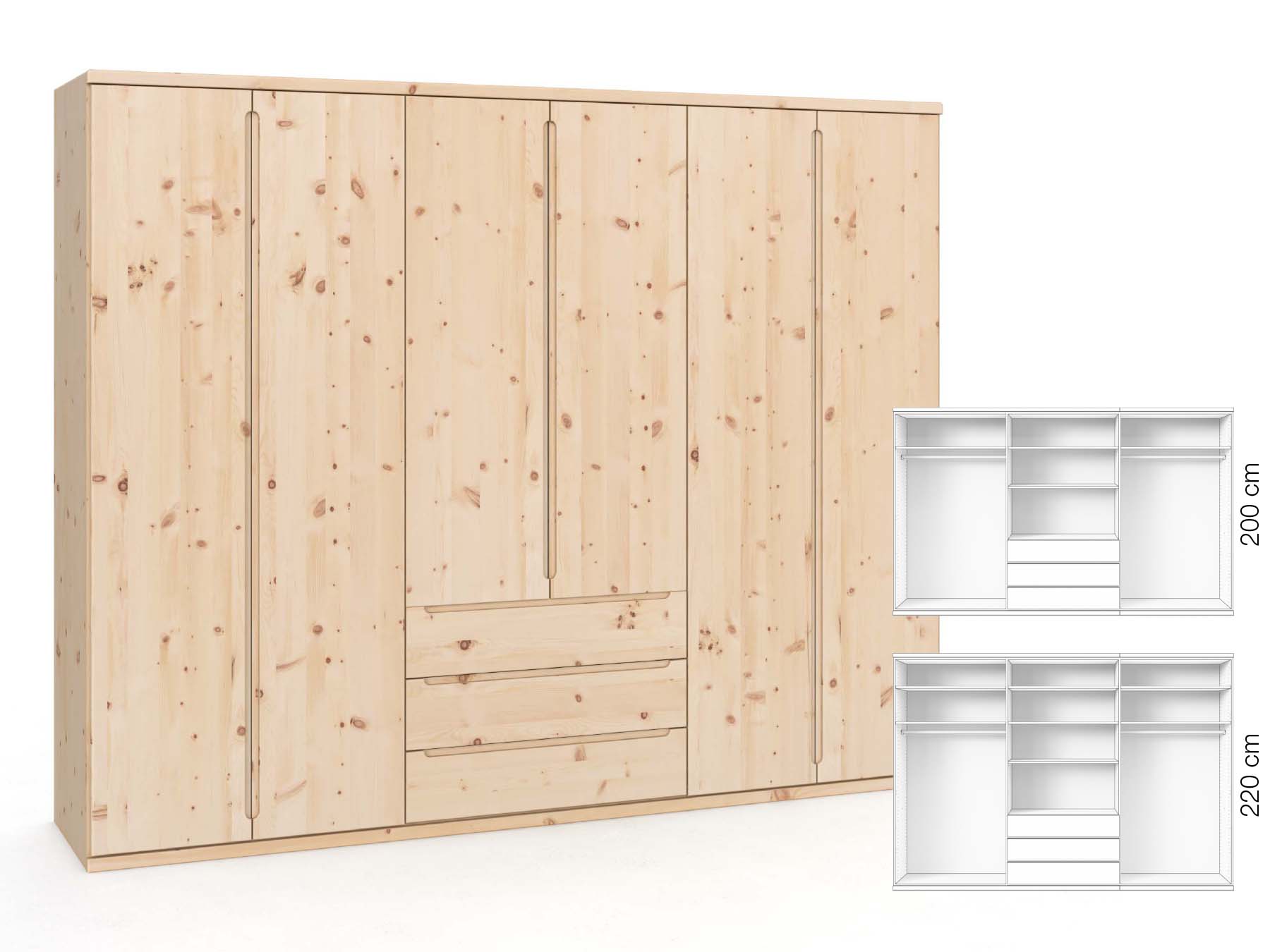 Zirbenschrank „Valentin“, 6-türig, Höhe 220 cm, Griffausführung „Lukas“, Inneneinrichtung: D