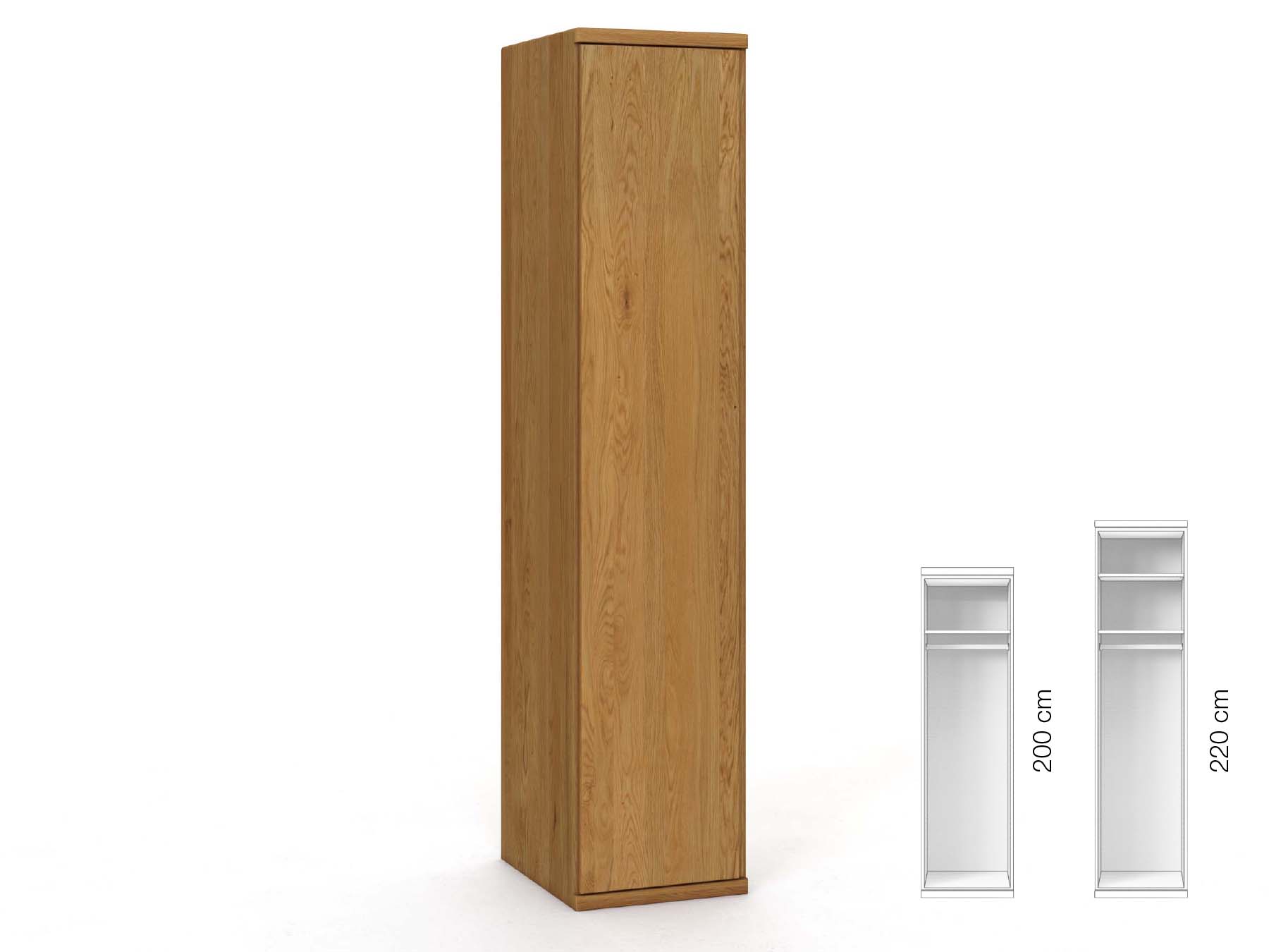 Eichenschrank „Valentin“, 1-türig, Höhe 220 cm, Griffausführung „Patrizia“, Inneneinrichtung: A, Türanschlag links