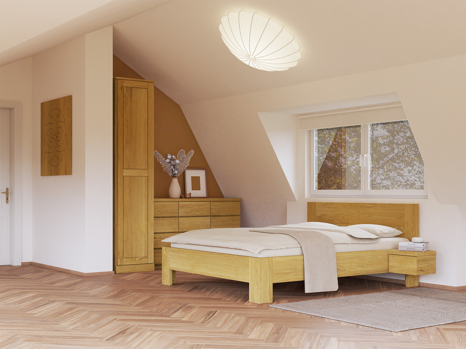Schlafzimmer mit Eichenschrank „Edelweiß“, 1-türig, Höhe 235 cm, Griffausführung „Patrizia“