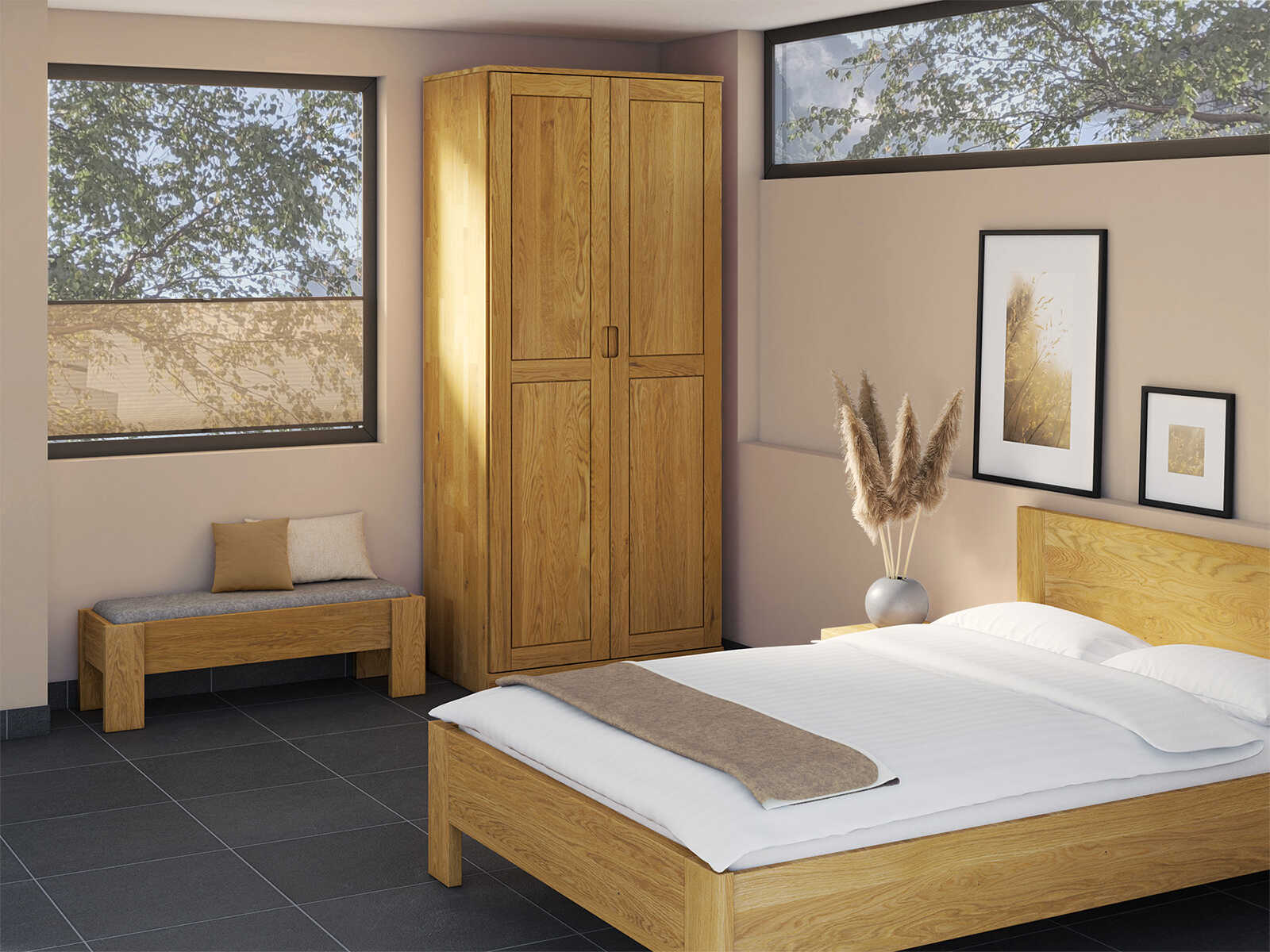 Schlafzimmer mit Eichenschrank „Enzian“, 2-türig, Höhe 235 cm, Griffausführung „Lukas“