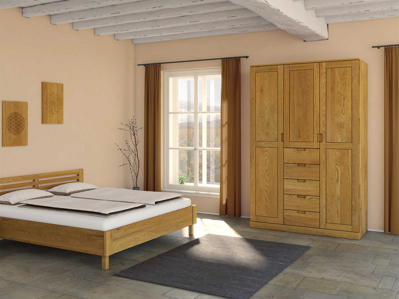 Schlafzimmer mit Eichenschrank „Edelweiß“, 3-türig, Höhe 235 cm, Griffausführung „Lukas“