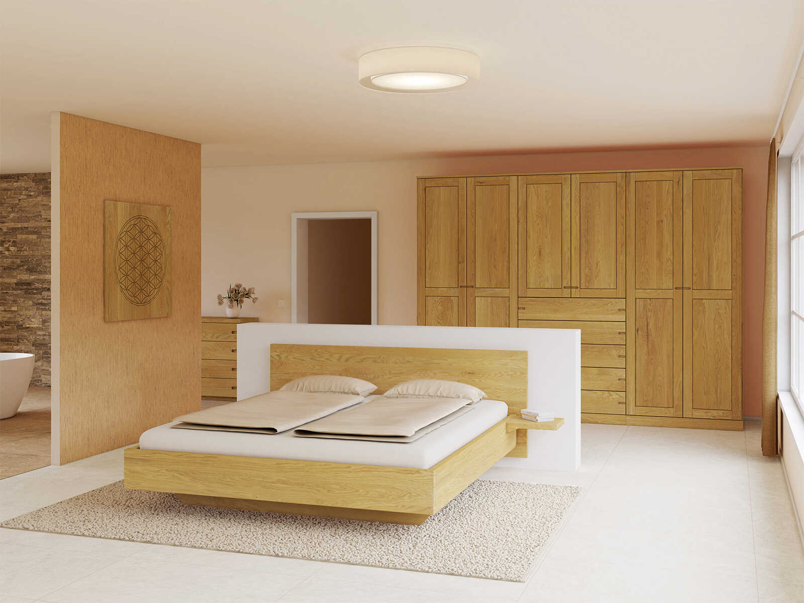 Schlafzimmer mit Eichenschrank „Edelweiß“, 6-türig, Höhe 235 cm, Griffausführung „Stefan“