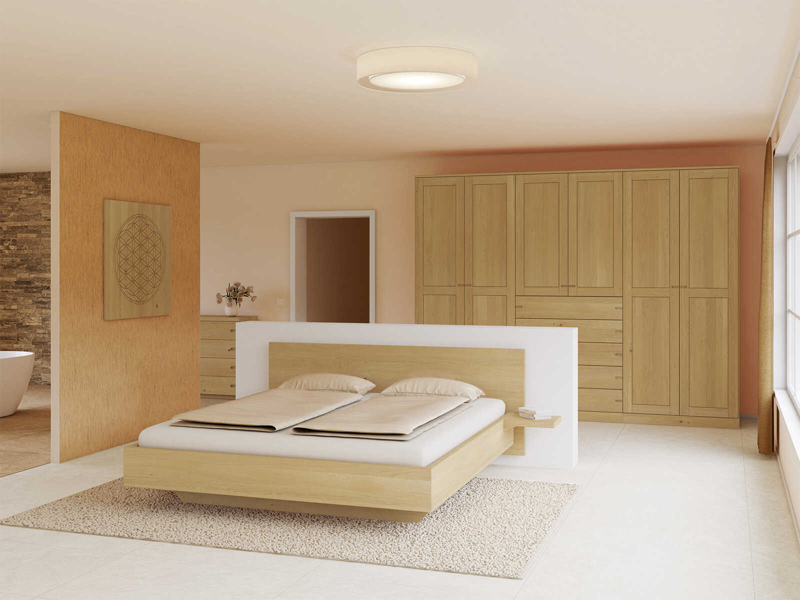 Schlafzimmer mit Schrank „Edelweiß“ aus Eiche Hell, 6-türig, Höhe 235 cm, Griffausführung „Stefan“