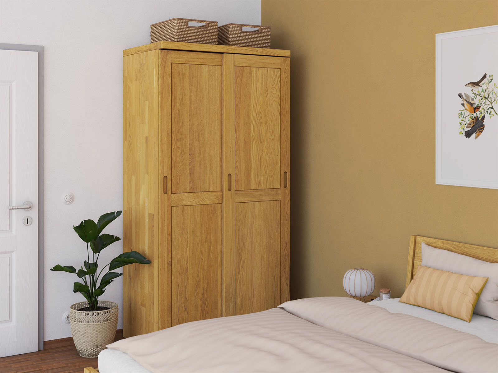 Schlafzimmer mit Schrank „Edelweiß" aus Eiche, 2-türig schmal, Höhe 208 cm