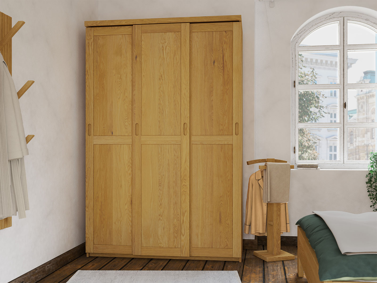Schlafzimmer mit Schrank „Edelweiß" aus Eiche, 3-türig schmal, Höhe 208 cm