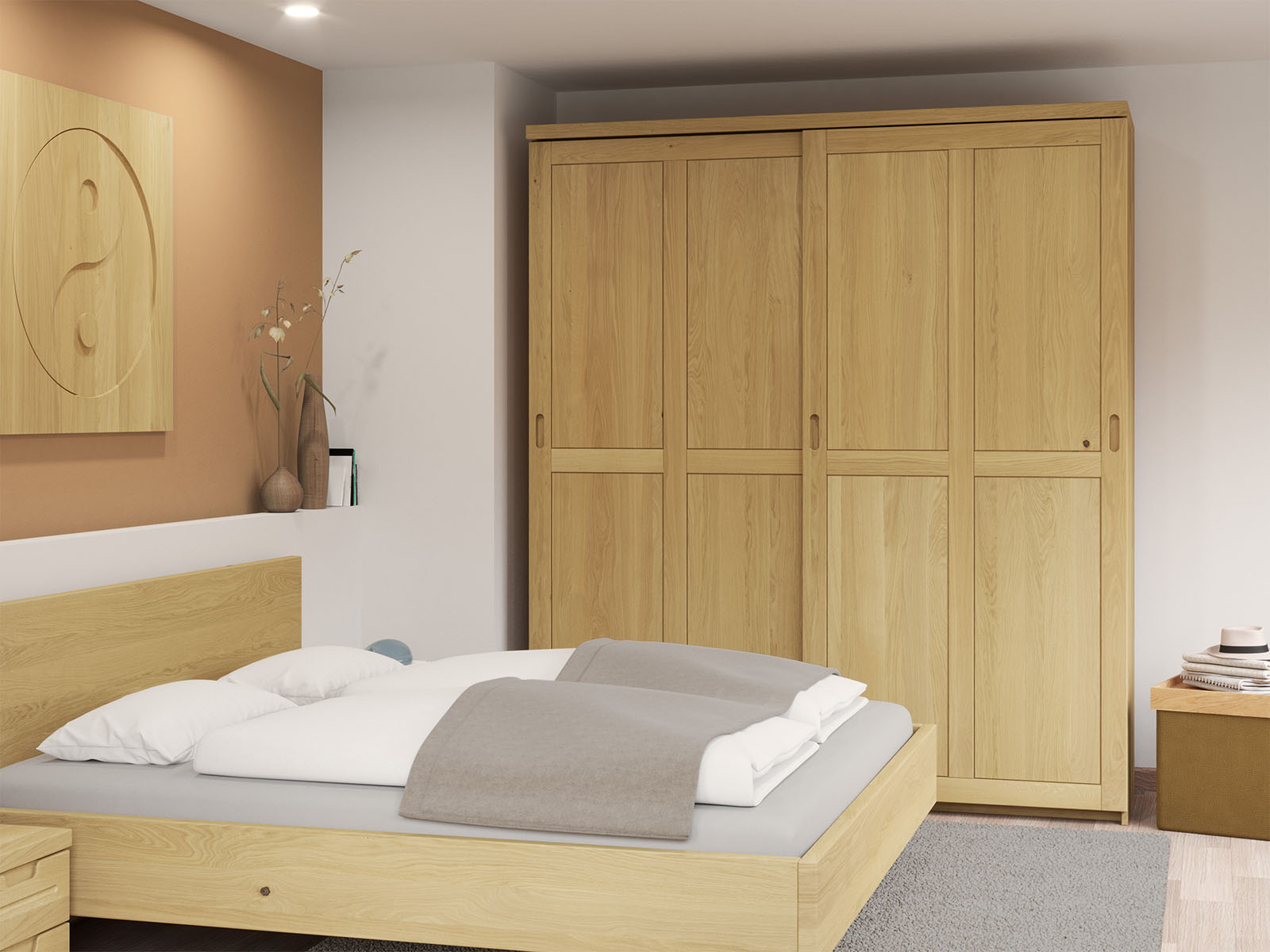 Schlafzimmer mit Schrank „Edelweiß" aus Eiche Hell, 2-türig breit, Höhe 233 cm