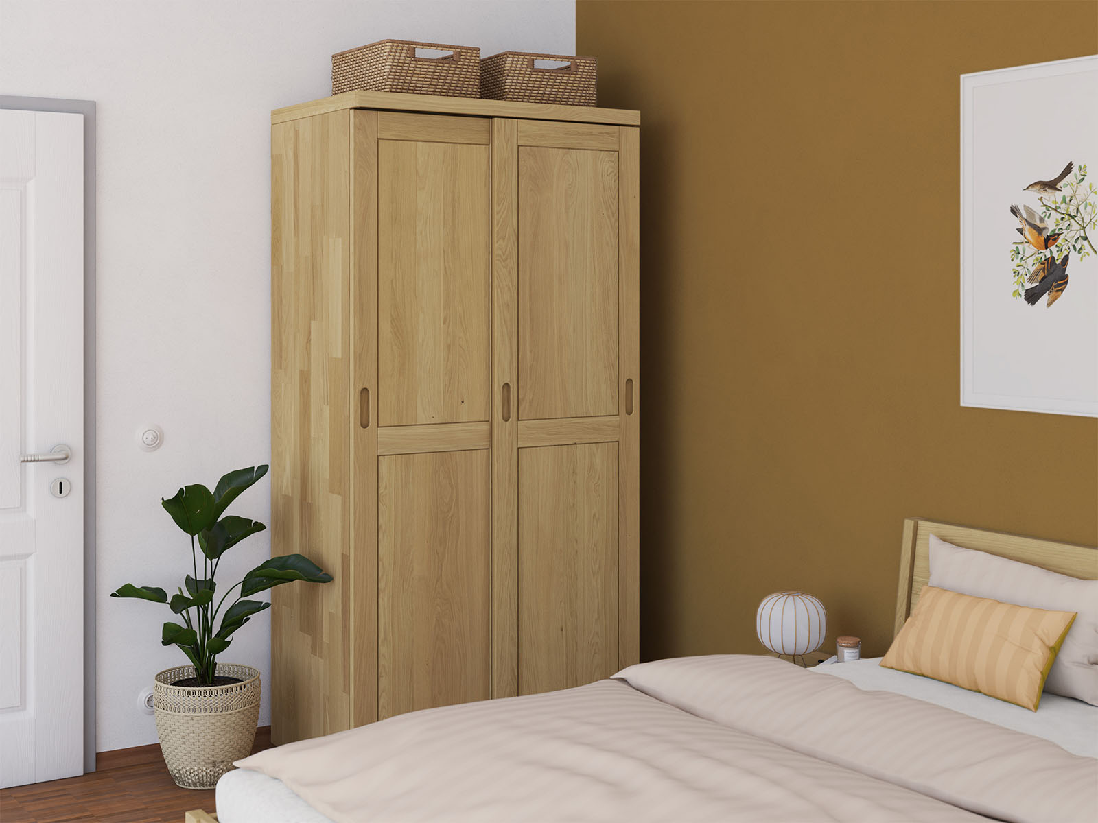 Schlafzimmer mit Schrank „Edelweiß" aus Eiche Hell, 2-türig schmal, Höhe 208 cm